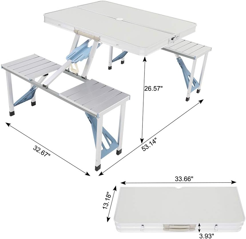 Portable Folding Camping Picnic Table with 4 Seats, Folding Camping Picnic Table with Seats/Umbrella Hole, White Aluminum, 55 x 32.67 x 26.57 Inches, Compact Storage Design