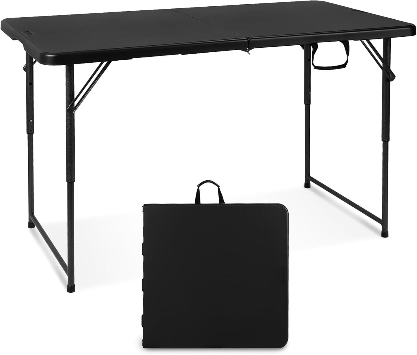 Folding Table 4 Foot Portable Heavy Duty Plastic Fold-in-Half Utility Table Small Indoor Outdoor Adjustable Height Folding with Carrying Handle, Camping and Party,White