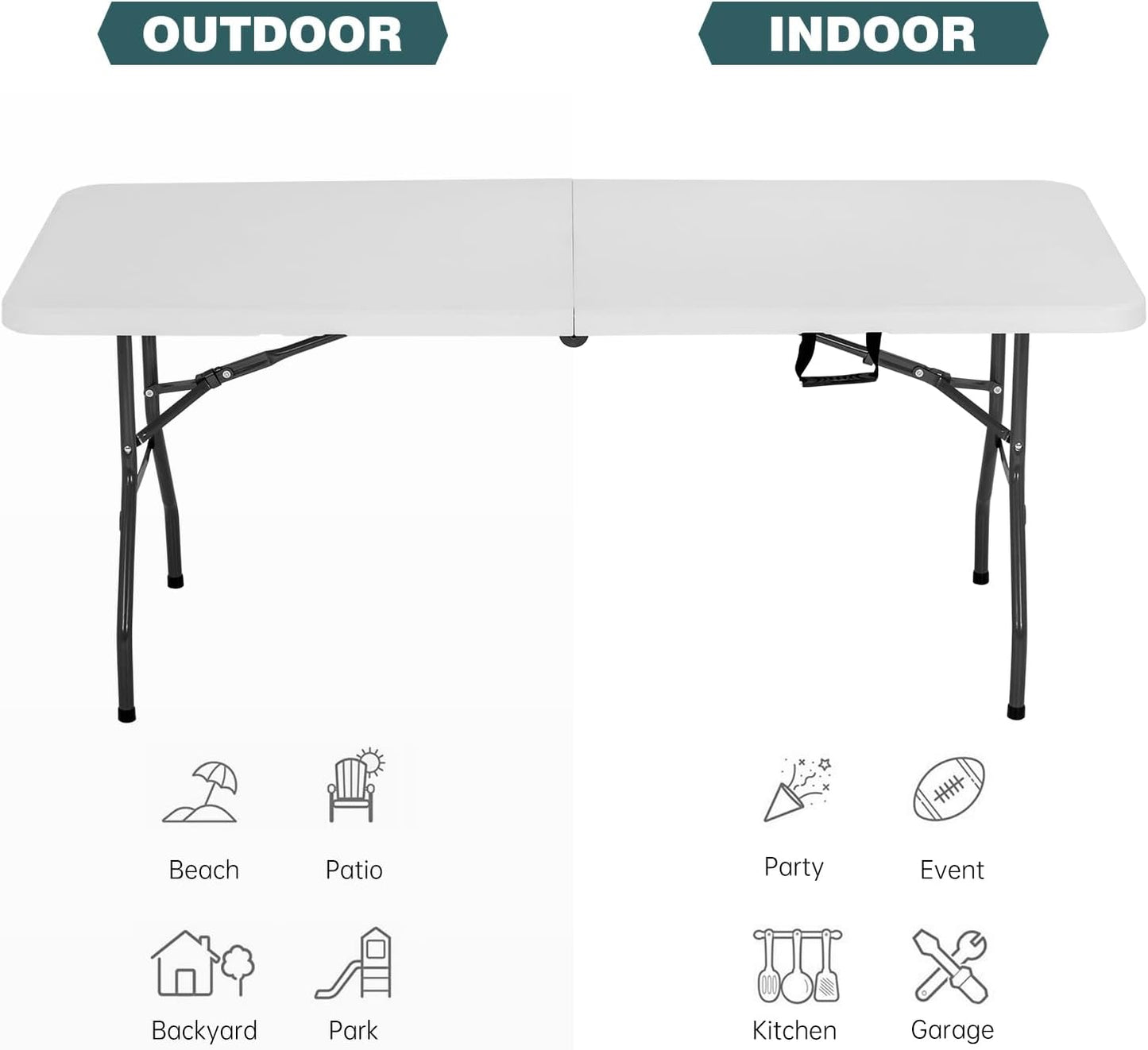 FDW 6 Foot Outdoor Dining Table, Foldable Portable Rectangular Plastic Folding Table with Built in Carrying Handle for Party and Wedding Use, White