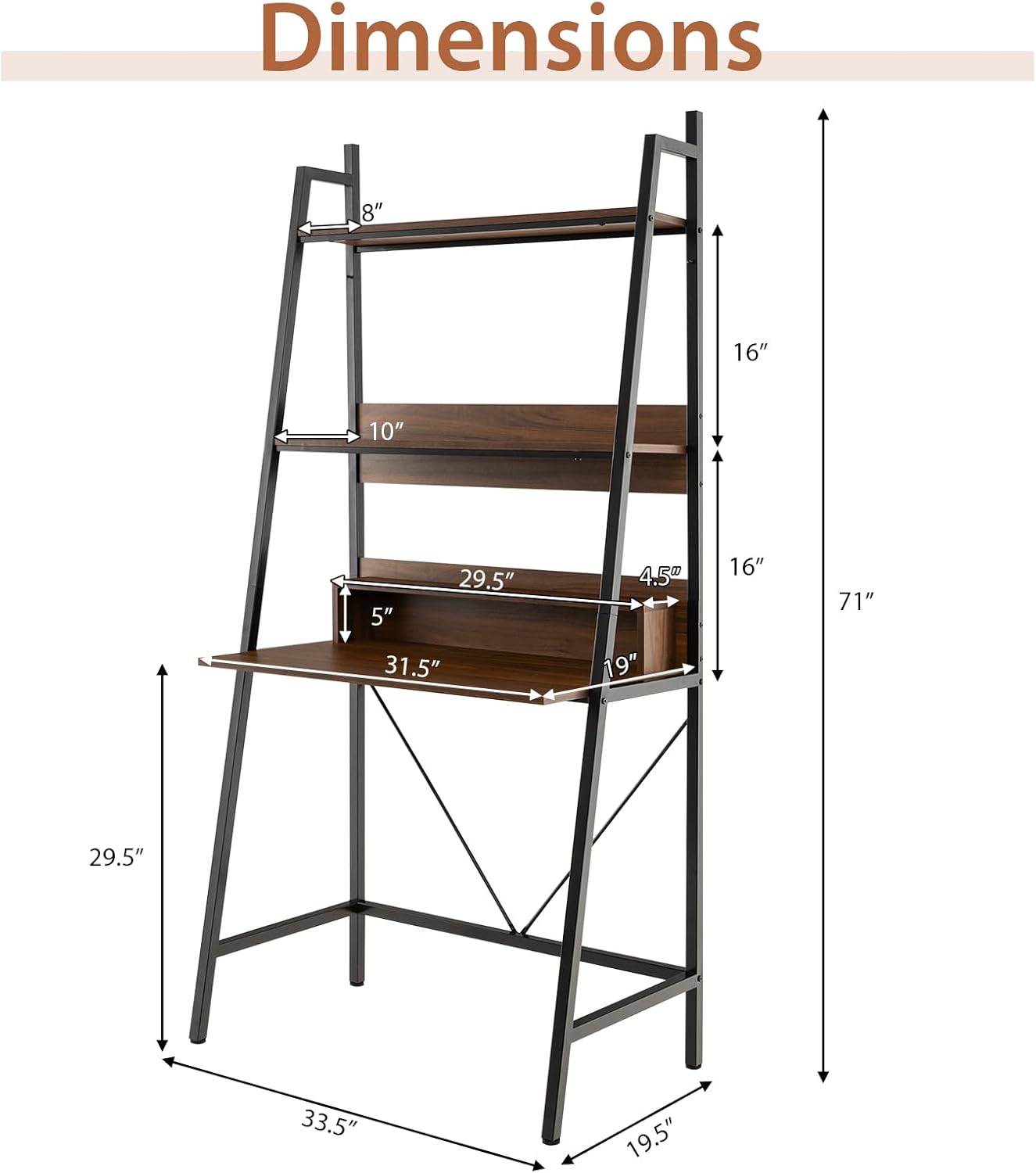 GOFLAME 71” High Ladder Desk, Freestanding Laptop Desk with Open Shelves, 3-Tier Ladder Shelf Computer Desk, Anti-Tipping Kits, Ideal for Living Room Bedroom Study, Brown