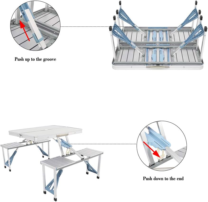 Portable Folding Camping Picnic Table with 4 Seats, Folding Camping Picnic Table with Seats/Umbrella Hole, White Aluminum, 55 x 32.67 x 26.57 Inches, Compact Storage Design