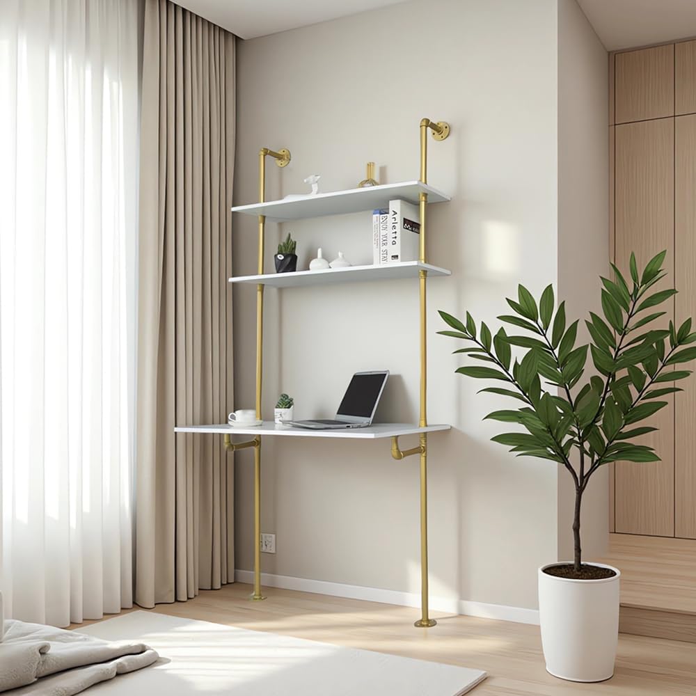 MAIKAILUN White and Gold Desk, 36" Ladder Desk, Wall Mount Computer Writing Table Pipe Shelf Shelving Mini Narrow Industrial Modern for Small Spaces(36x20x81)