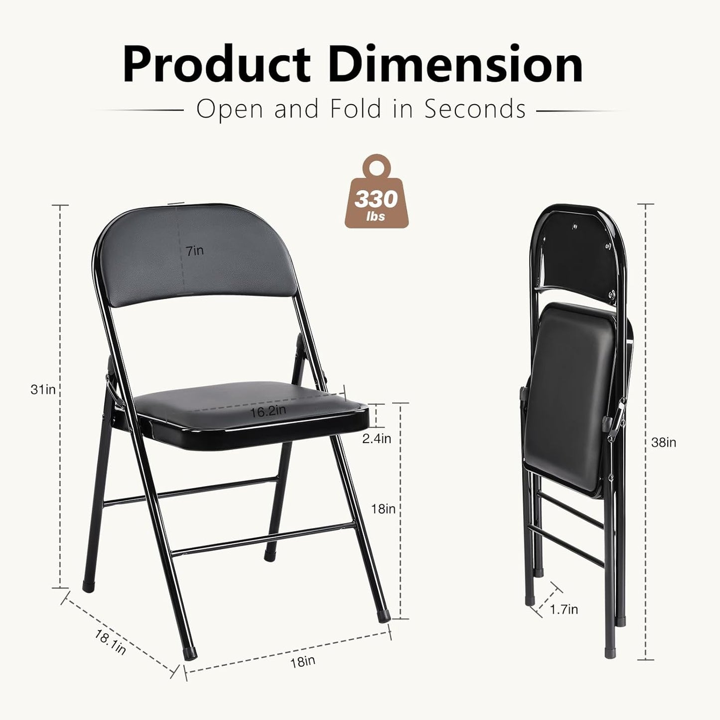 DUMOS 2 Pack Leather Padded Folding Chair, Indoor Outdoor Portable Stackable Commercial Seat with Steel Frame, Capacity for Home, Office, Party, Comfy, Black