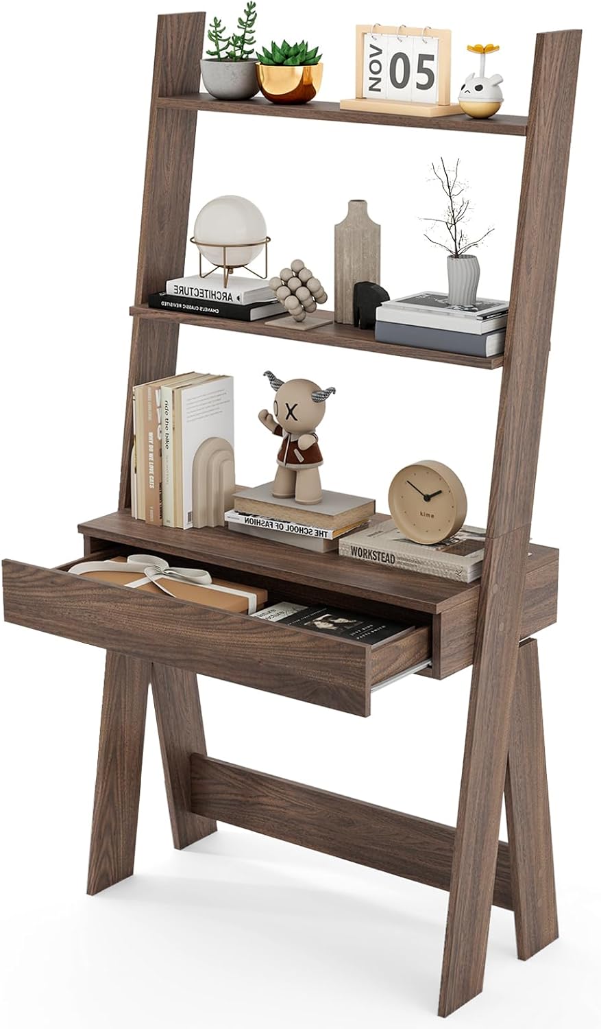 Giantex 3 Tier Ladder Desk with Drawer, 33" Width Ladder Shelf with Anti-Tipping Device, Freestanding Bookshelf, Natural Leaning Computer Desk with Shelves for Small Space