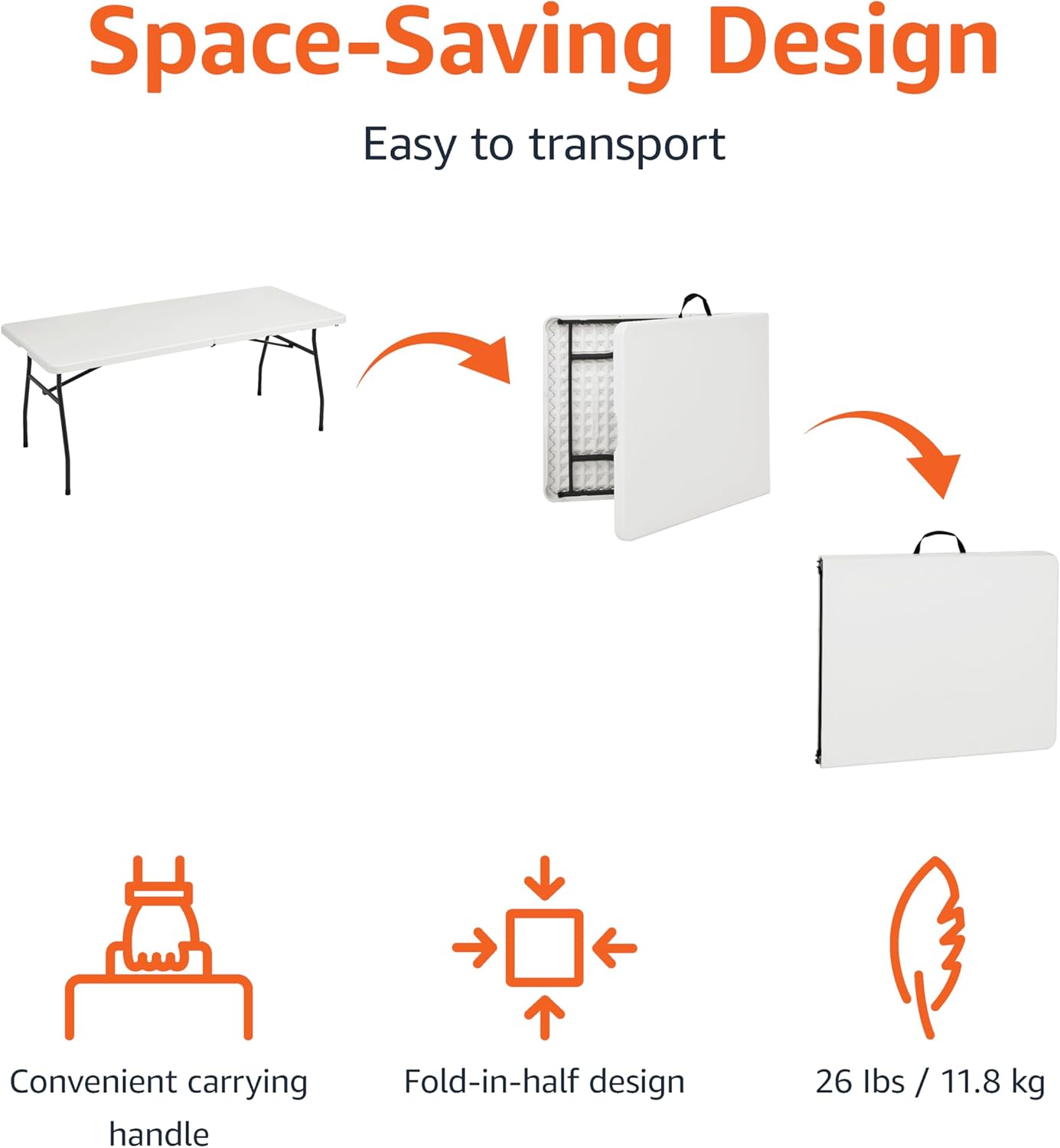 Amazon Basics Heavy Duty Portable Folding Table 6 ft with Carrying Handle, Indoor & Outdoor, White