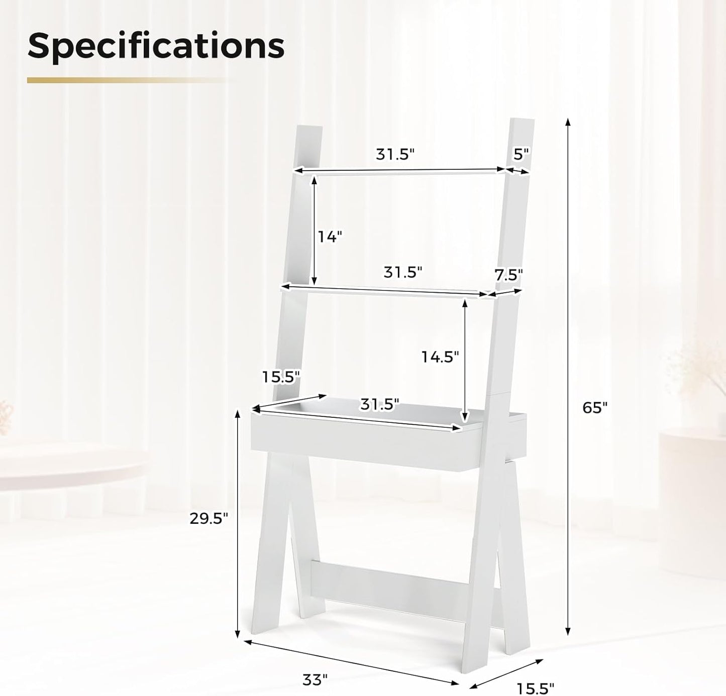 Tangkula Ladder Desk with Countertop & Drawer, Home Office Computer Laptop Table with Open Shelves & Anti-Tip Kits, Wall-Leaning Compact Working Station for Small Spaces (White)