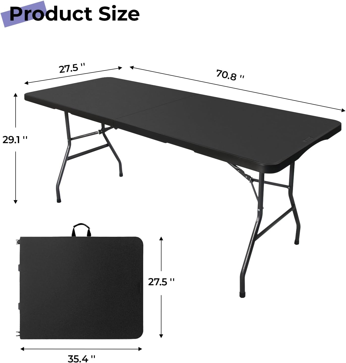 Folding Table 6ft Portable Heavy Duty Plastic Fold-in-Half 6 Foot Foldable Table Utility Dining Indoor Outdoor with Carrying Handle for Camping Picnic and Party, Black