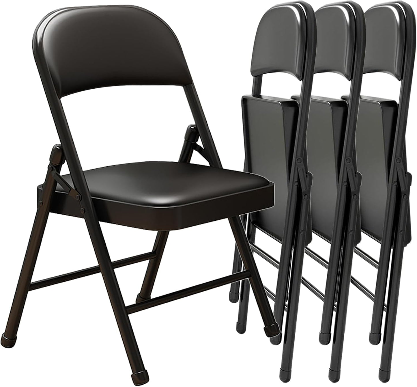 2 Pack Folding Chairs with Leather Padded Cushion and Back, Metal Black Foldable Chair for Indoor Outdoor, Commercial Stackable Guest Chairs for Office Events Wedding Party Kitchen Dining