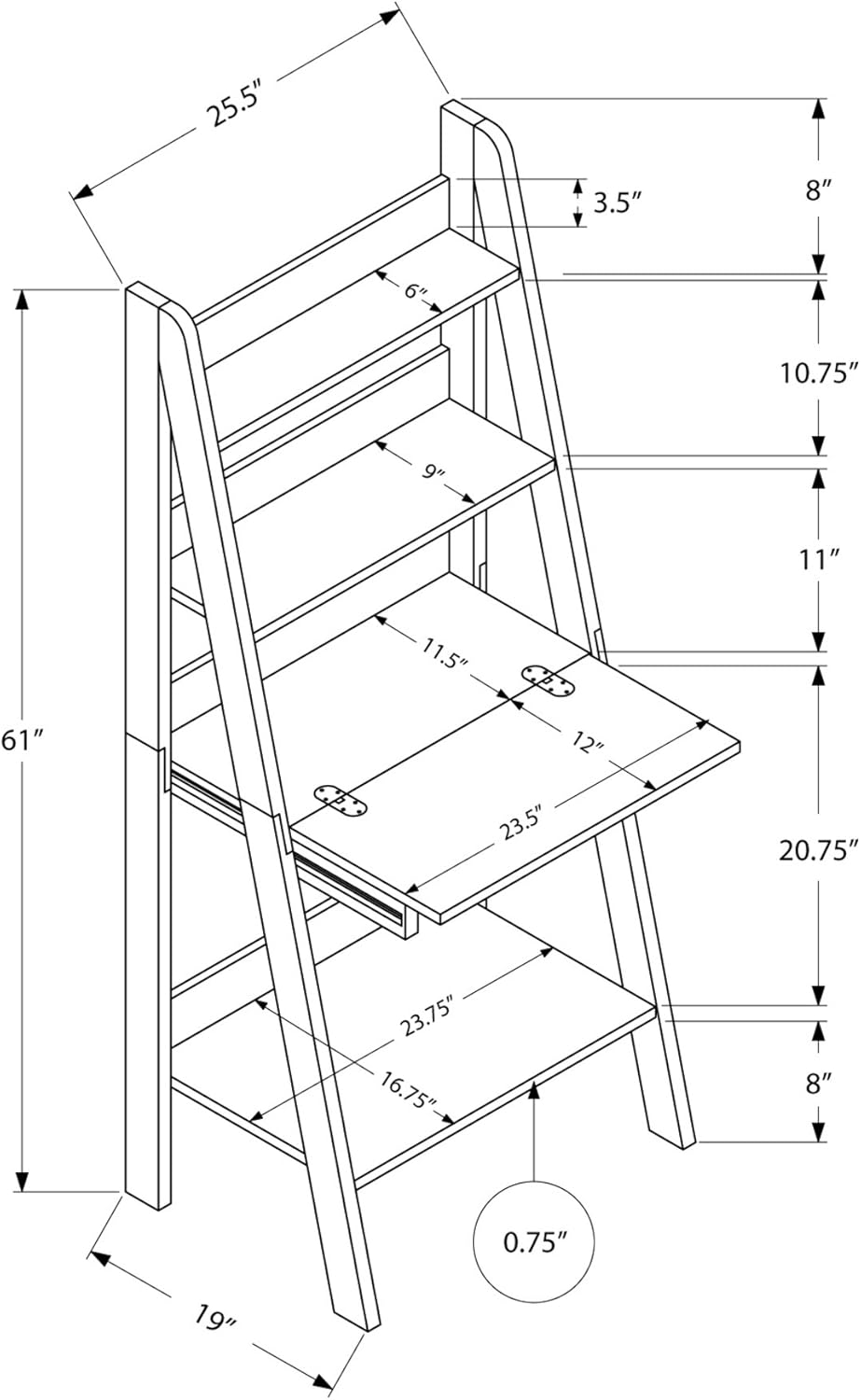 Monarch Specialties Ladder Desk-Bookcase-Wall Bookshelf-Stand Shelf, 61" H, Dark Taupe