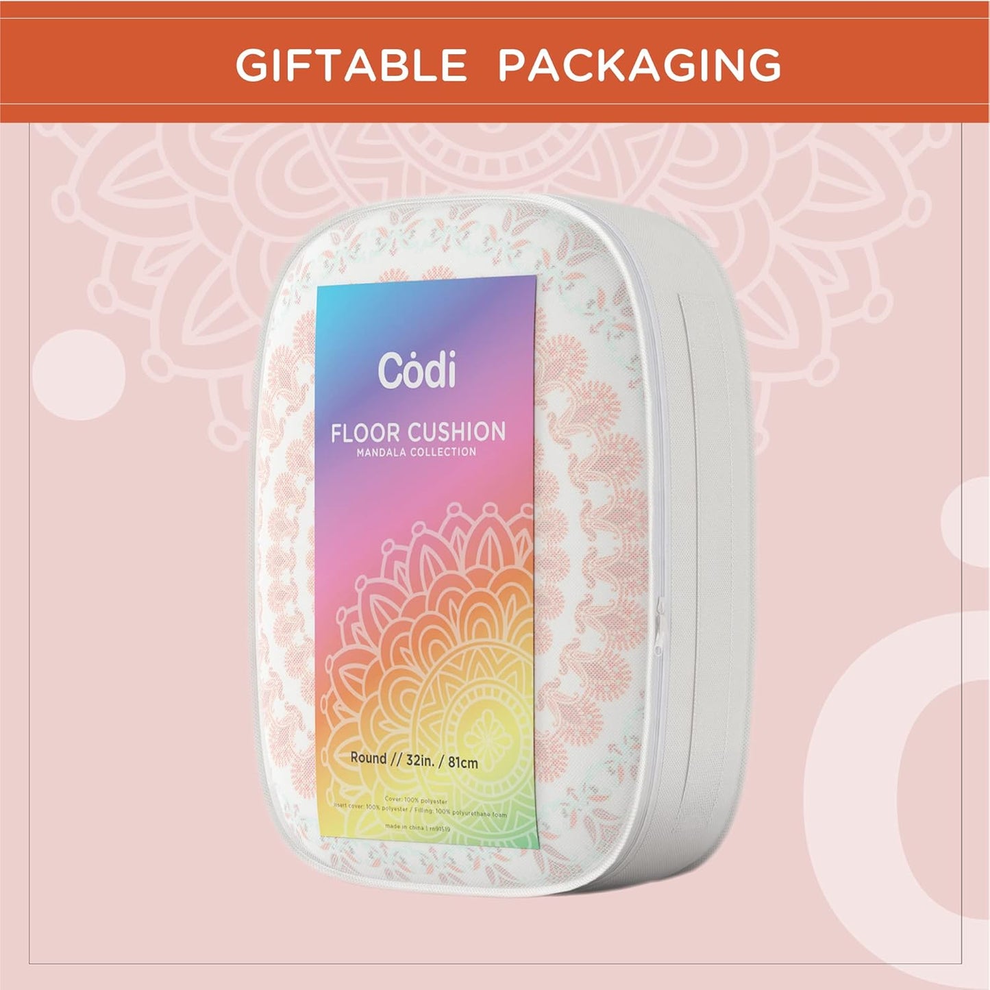 Codi Floor Pillows for Adults Set of 2, Large Boho Meditation Cushions with Memory Foam, Round Mandala Seating for Outdoor Yoga and Living Room, Washable, 32 Inch, Coral