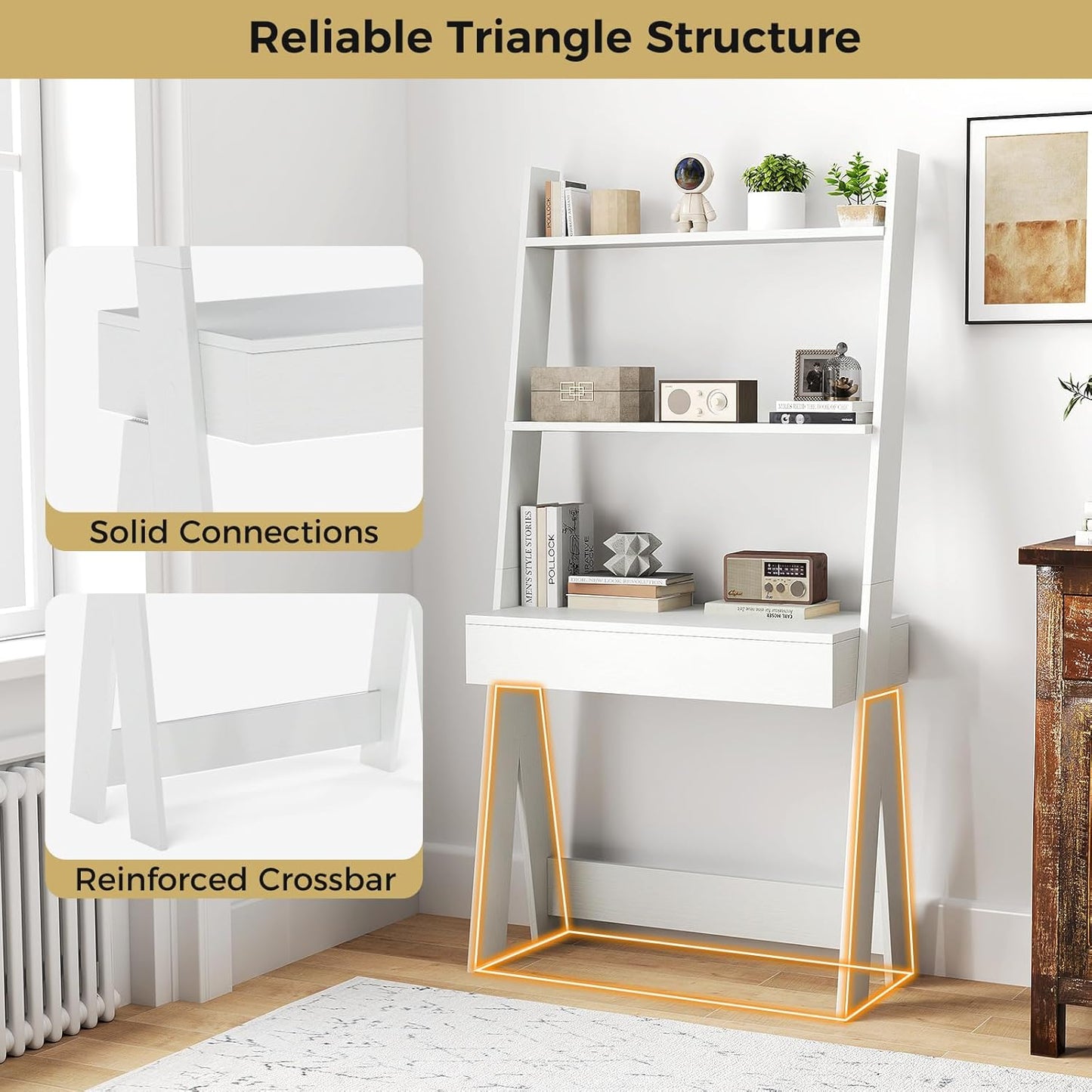 Tangkula Ladder Desk with Countertop & Drawer, Home Office Computer Laptop Table with Open Shelves & Anti-Tip Kits, Wall-Leaning Compact Working Station for Small Spaces (White)