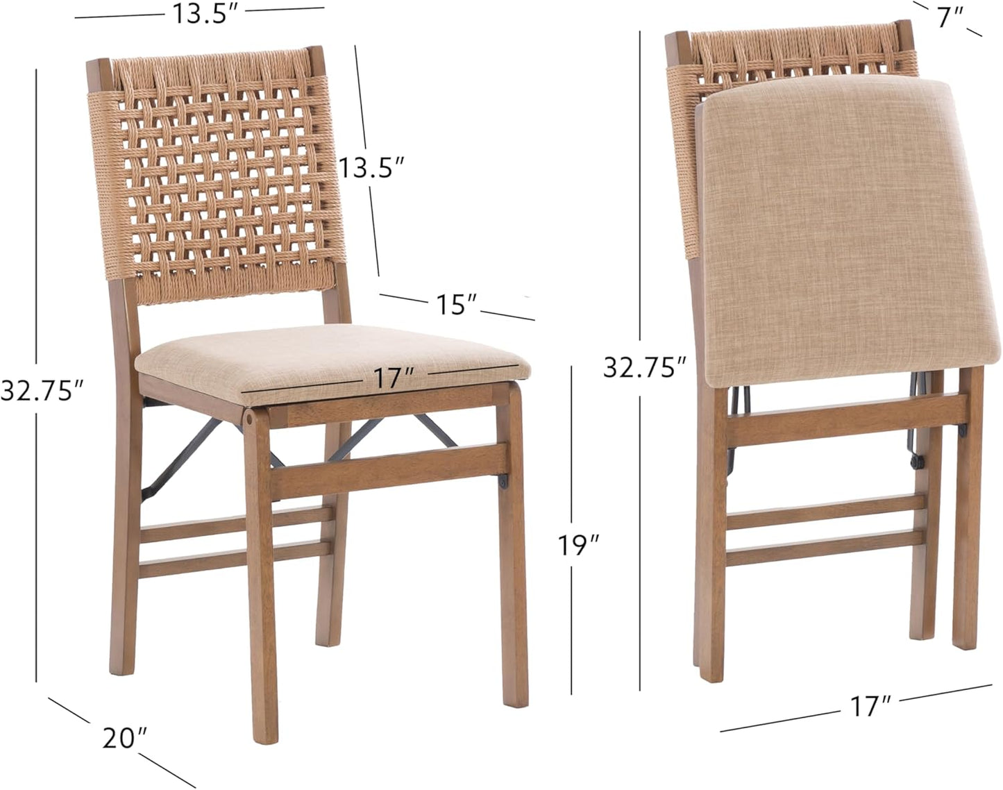 Linon Bennett Natural Folding Chair with Woven Rope Back and Linen Upholstered Seat Set of 2