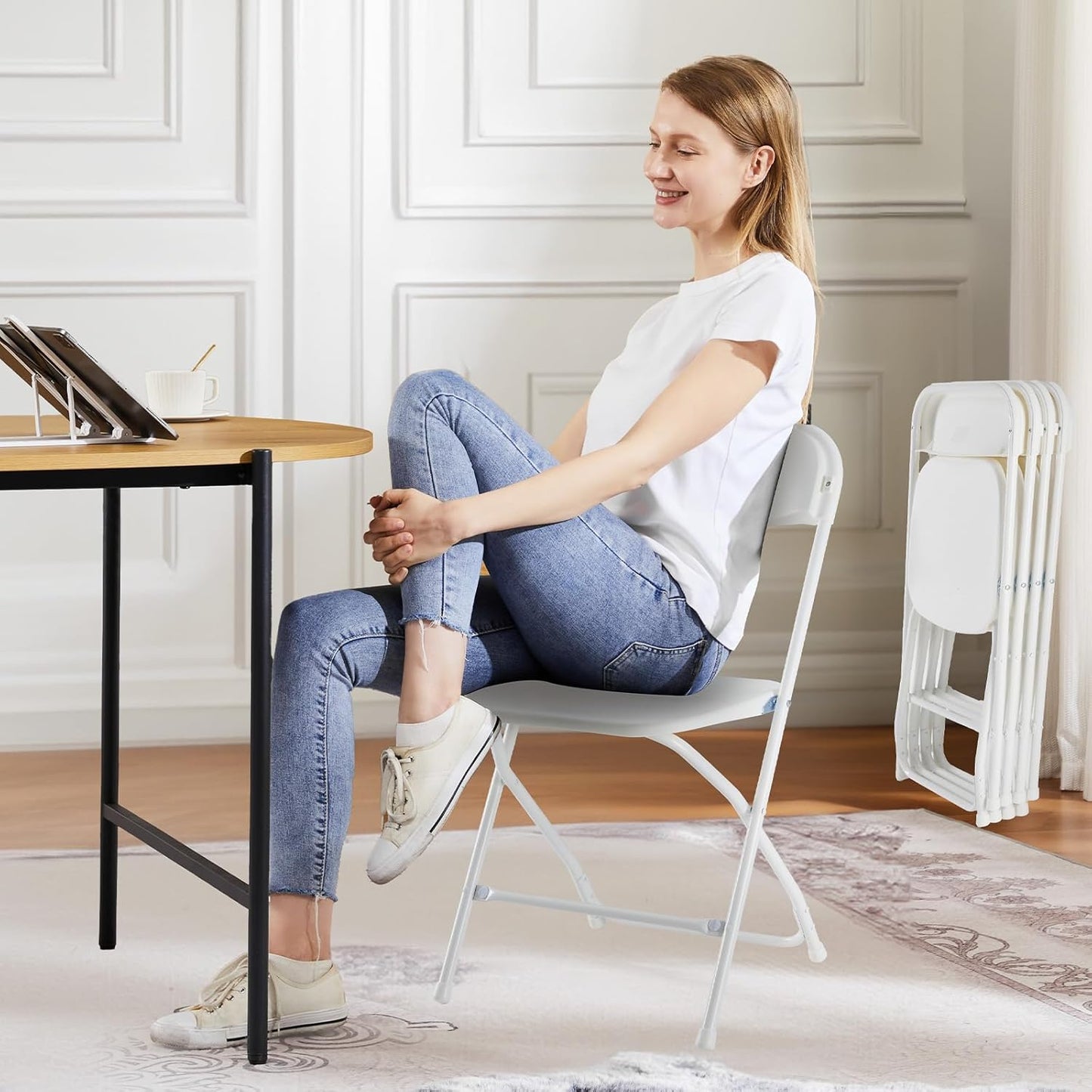 Sweetcrispy Folding Chair 10 Pack, Plastic Foldable Chairs with 330-Pound Capacity, Sturdy Metal Portable Chair, Easy to Use and Store, Outdoor and Indoor, for Home, Office, Party, Comfy, White