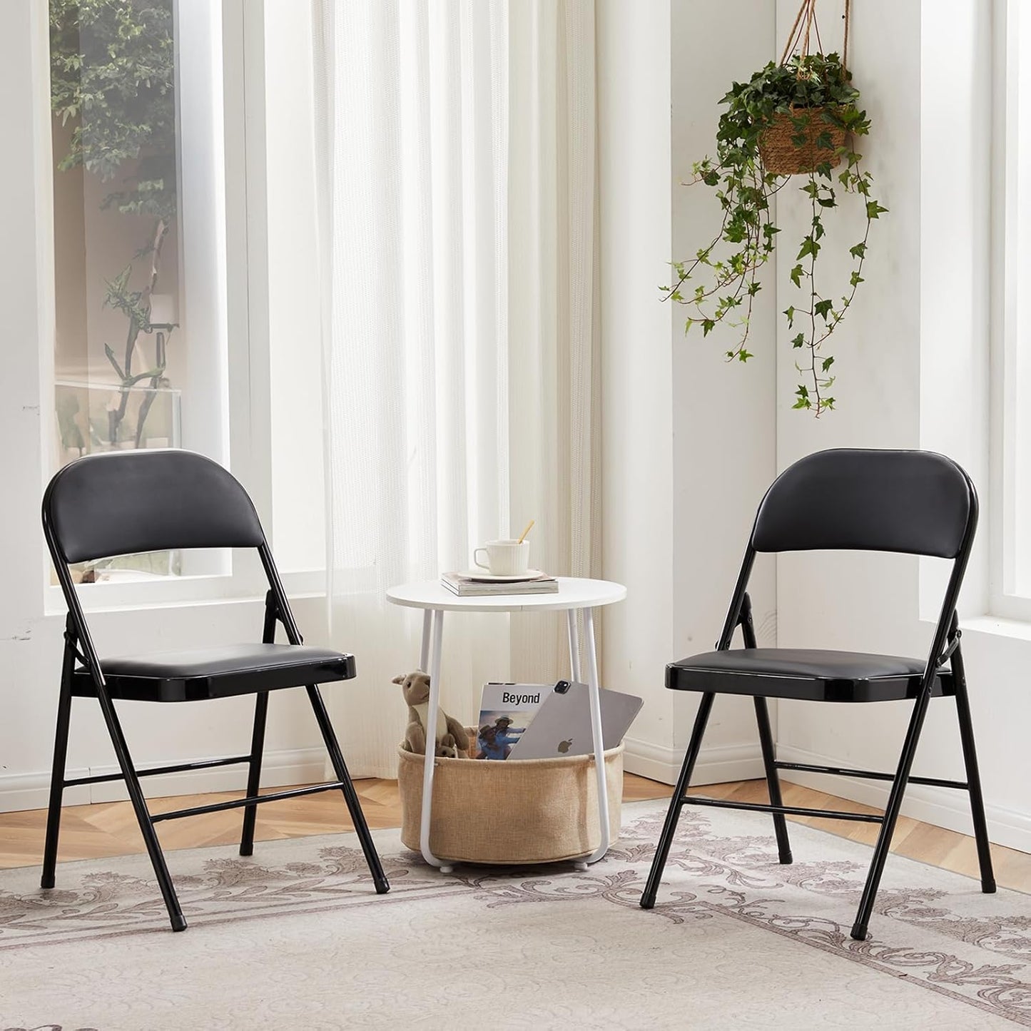 DUMOS 2 Pack Leather Padded Folding Chair, Indoor Outdoor Portable Stackable Commercial Seat with Steel Frame, Capacity for Home, Office, Party, Comfy, Black