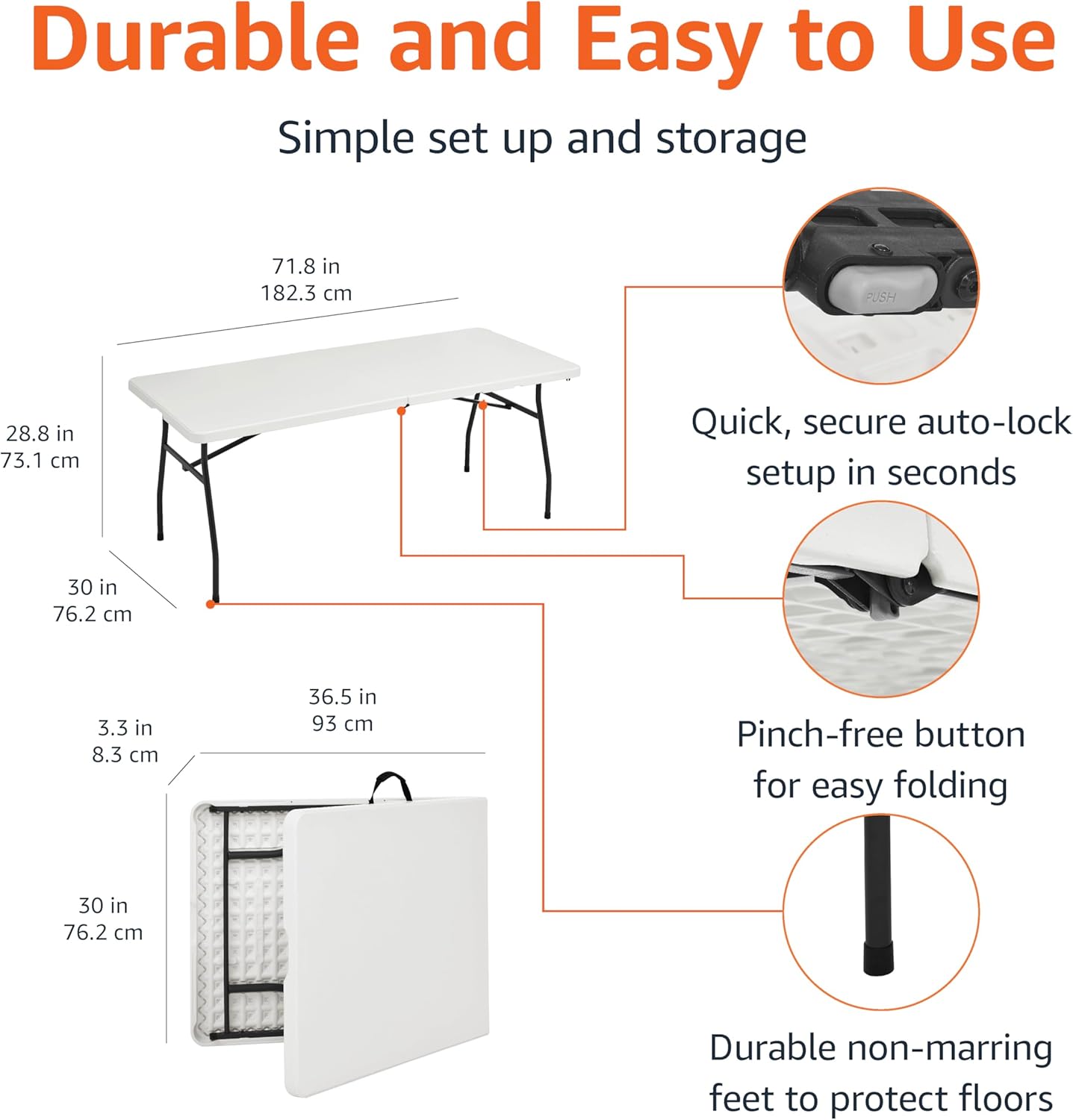 Amazon Basics Heavy Duty Portable Folding Table 6 ft with Carrying Handle, Indoor & Outdoor, White