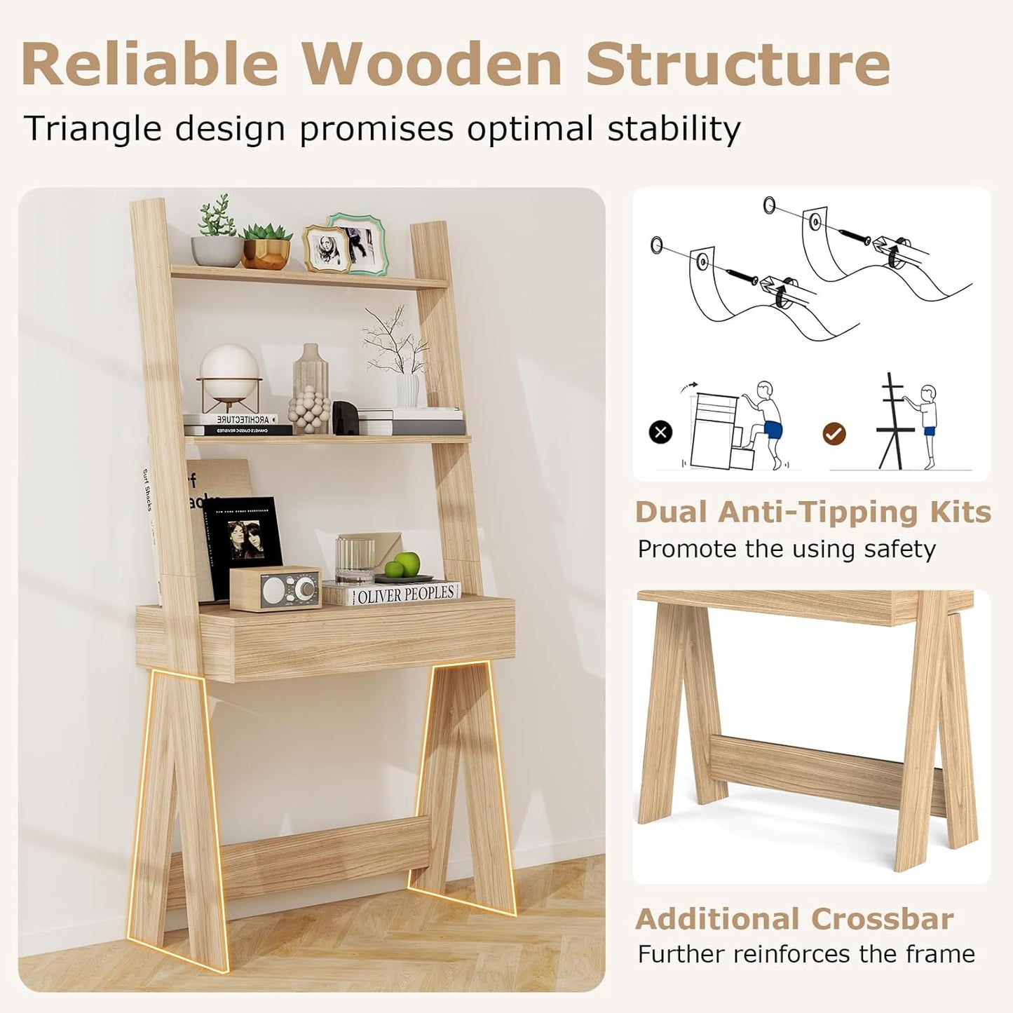 Giantex 3 Tier Ladder Desk with Drawer, 33" Width Ladder Shelf with Anti-Tipping Device, Freestanding Bookshelf, Natural Leaning Computer Desk with Shelves for Small Space