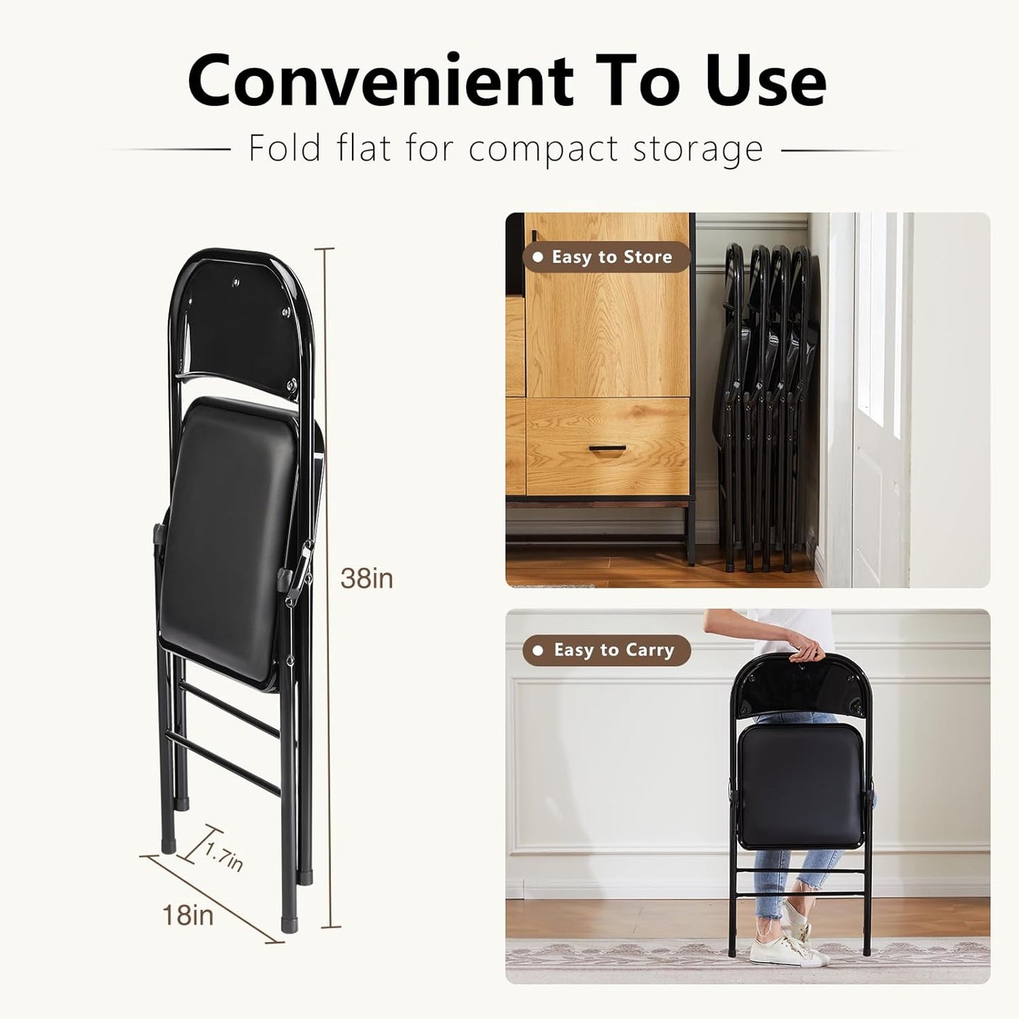 DUMOS 2 Pack Leather Padded Folding Chair, Indoor Outdoor Portable Stackable Commercial Seat with Steel Frame, Capacity for Home, Office, Party, Comfy, Black