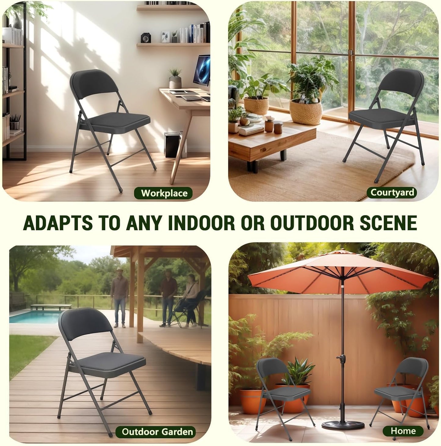 Folding Chair 4 Pack, Comfy PU Leather Padded Folding Chairs for Outside and Indoor, Heavy Duty Portable Foldable Metal Commercial Seat for Home Office, Dorm, Party, Backyard, Lawn, Patio