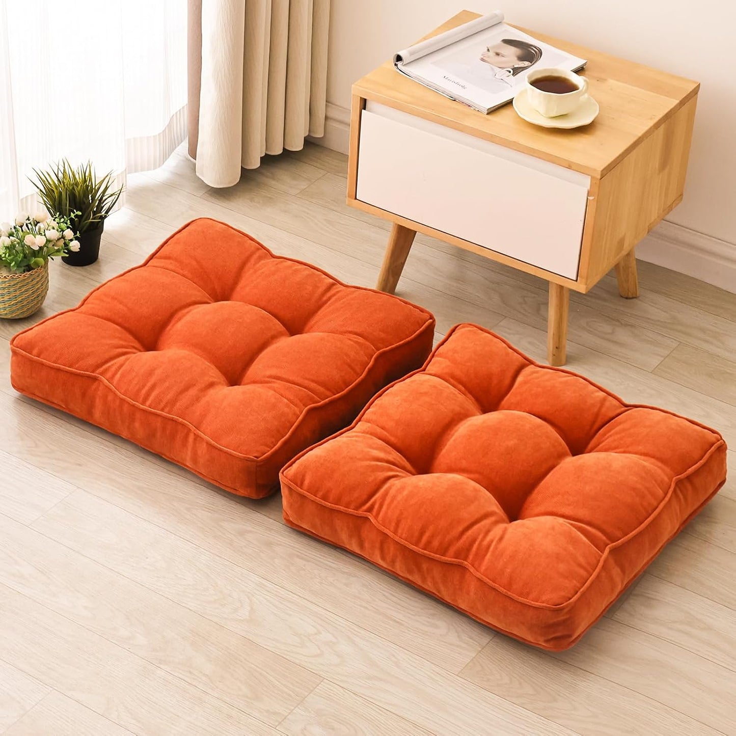 Floor Pillow Set of 2, Memory Foam Floor Cushions for Adults, Large Square Meditation Pillow for Sitting, 22 x 22 Inches (Square | Orange)