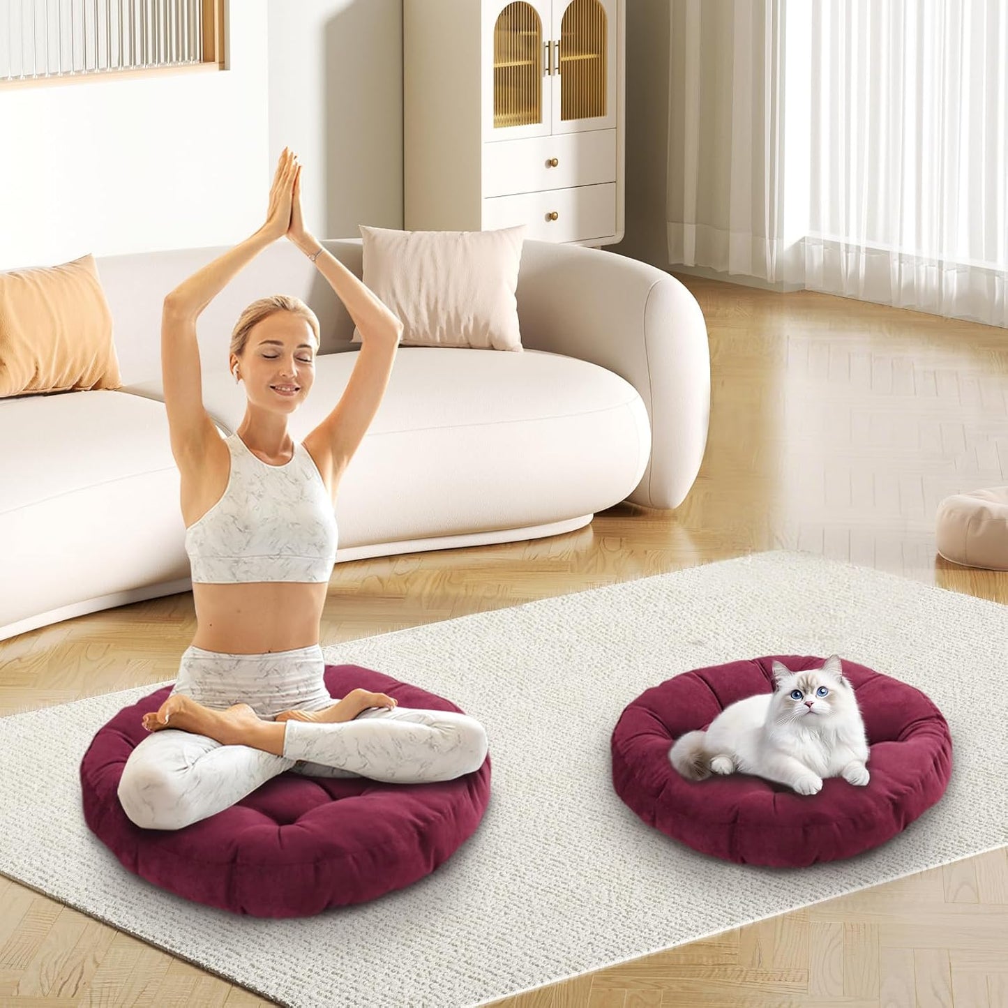 Meditation Floor Pillow Set of 2 Large Round Floor Cushions for Adults Tufted Corduroy Floor Seat Pillows Cushion for Living Room Tatami Yoga,Yellow 22" L x 22" W x 5" H