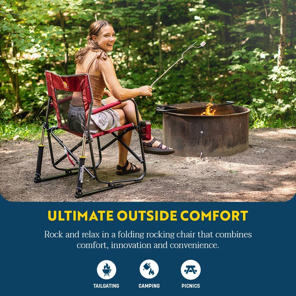 GCI OUTDOOR Freestyle Rocker Camping Chair | Portable Folding Rocking Chair with Solid, Durable Armrests, Drink Holder & Comfortable Backrest — Cinnamon