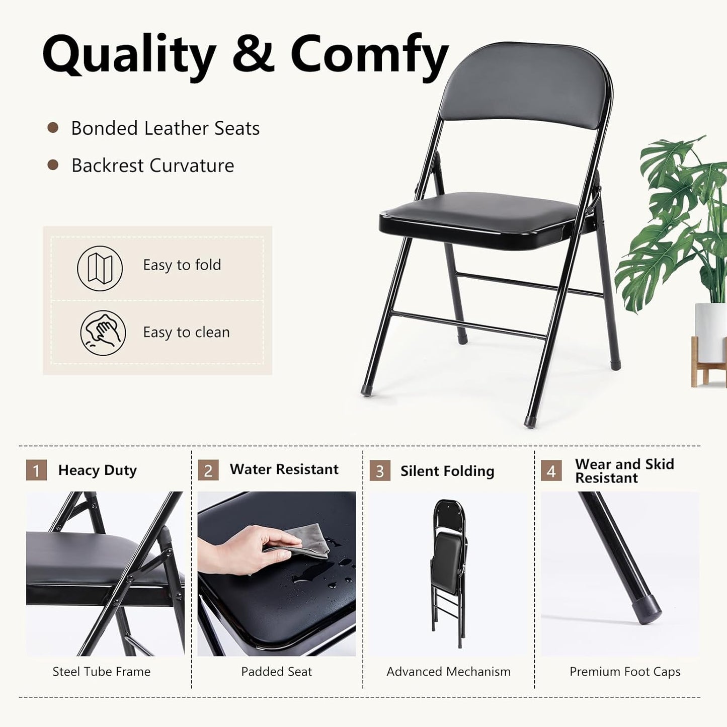 DUMOS 2 Pack Leather Padded Folding Chair, Indoor Outdoor Portable Stackable Commercial Seat with Steel Frame, Capacity for Home, Office, Party, Comfy, Black