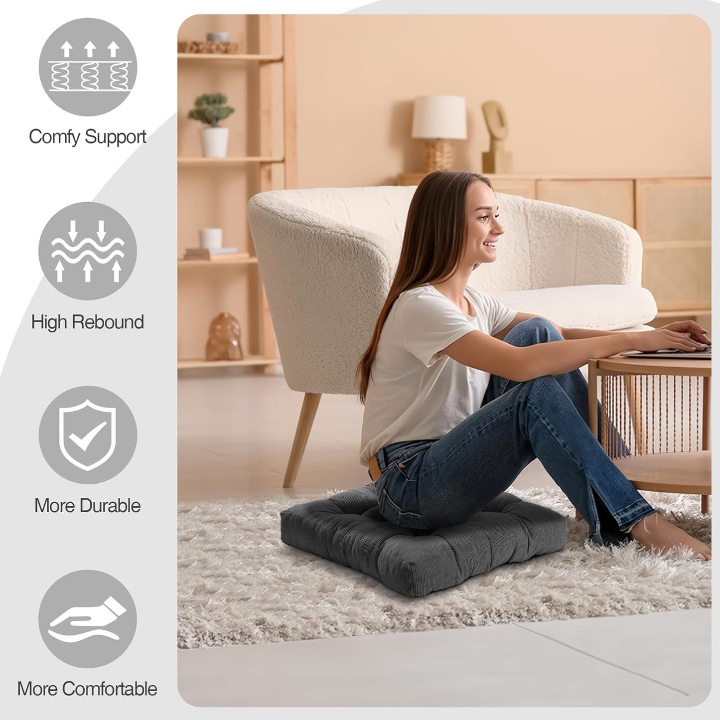 Floor Pillow Cushions for Adults Sitting Large Big Pillows for Floor Seating Square Memory Foam Thick Tufted, 22 x 22 Inch, Set of 2, Dark Grey