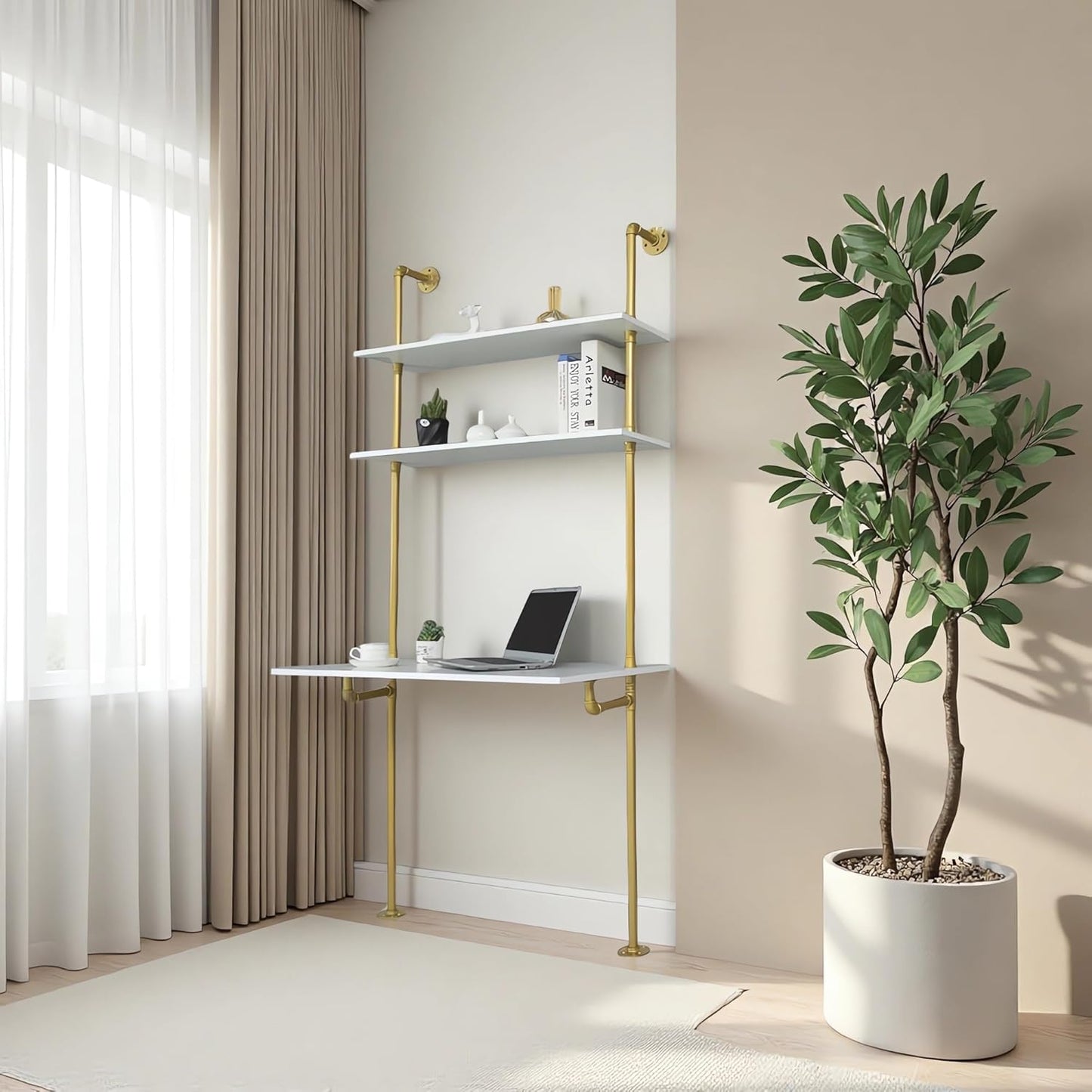 MAIKAILUN White and Gold Desk, 36" Ladder Desk, Wall Mount Computer Writing Table Pipe Shelf Shelving Mini Narrow Industrial Modern for Small Spaces(36x20x81)