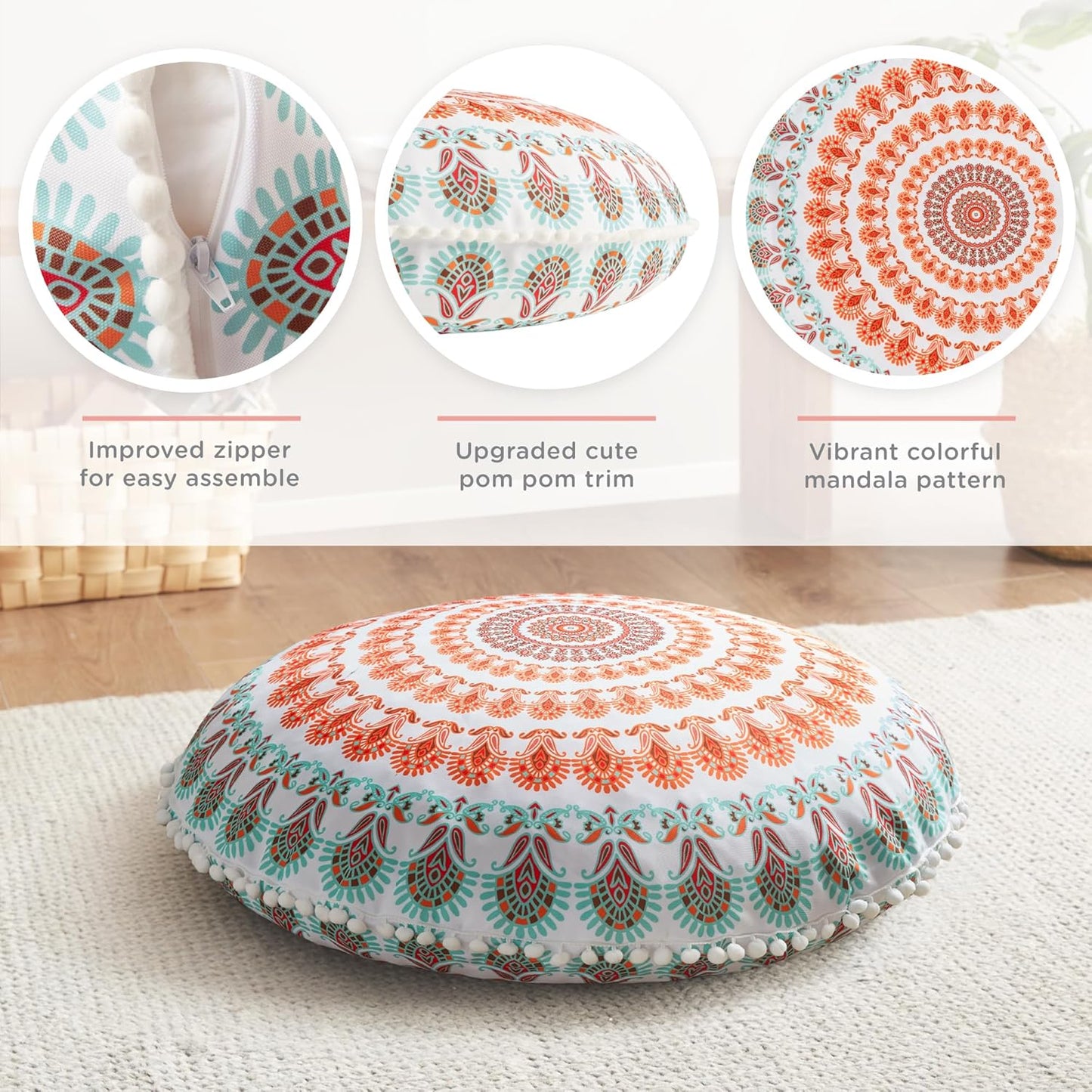 Codi Floor Pillows for Adults Set of 2, Large Boho Meditation Cushions with Memory Foam, Round Mandala Seating for Outdoor Yoga and Living Room, Washable, 32 Inch, Coral