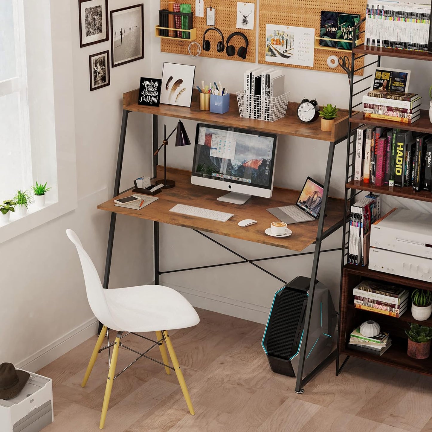 EUREKA ERGONOMIC 2-Tier Home Office Students Study Writing PC Computer Gaming Table with Bookshelf Modern Workstation for Small Space Saving,Rustic Brown