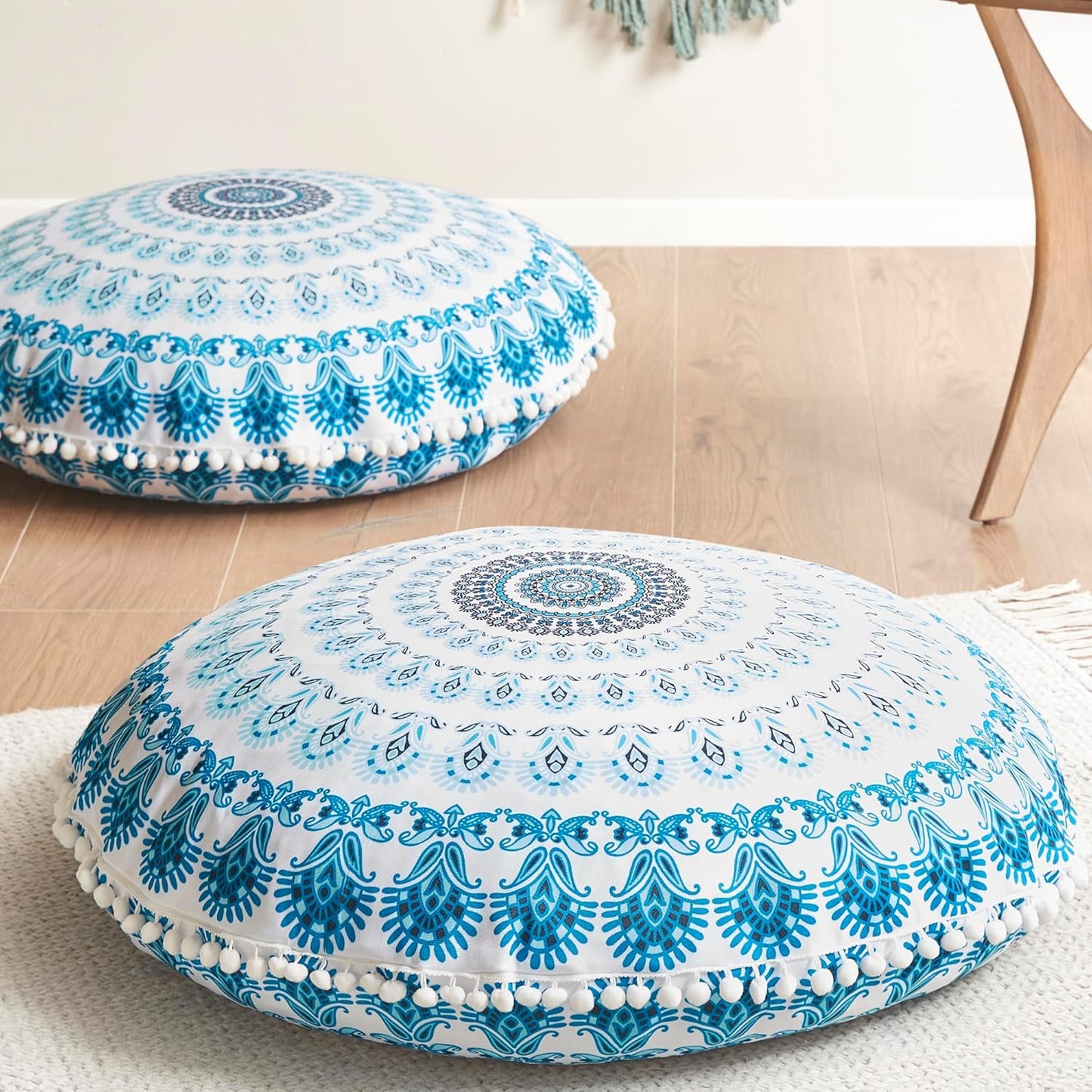 Codi Floor Pillows for Adults Set of 2, Large Boho Meditation Cushions with Memory Foam, Round Mandala Seating for Outdoor Yoga and Living Room, Washable, 32 Inch, Coral