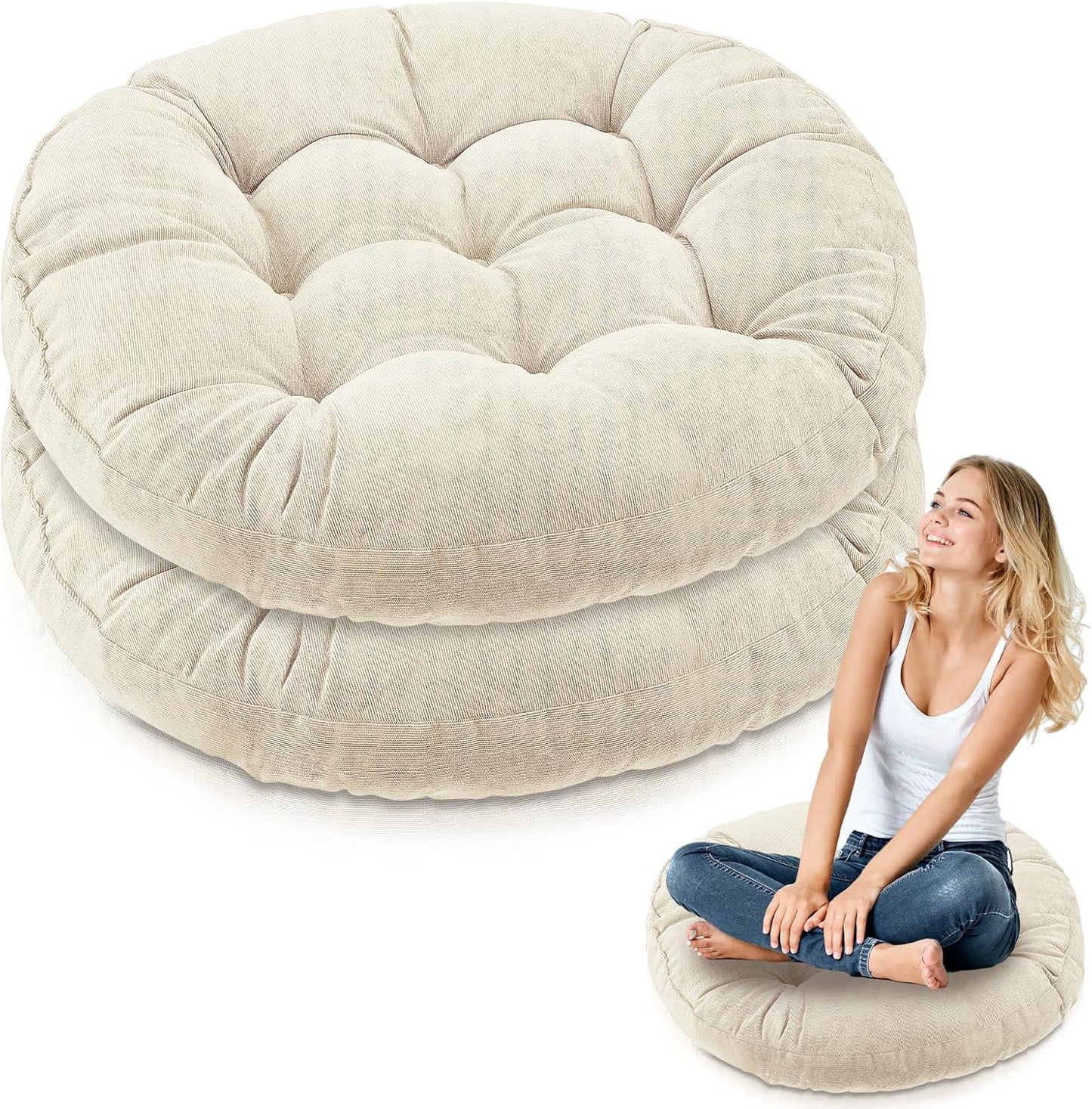 Jerify Floor Pillow Cushions 22 x 22 Inch Round Square Large Meditation Floor Pillow for Classroom Adult Meditation Picnic Party Cushion for Seating Gift Christmas(Round,Beige,4 Pcs)