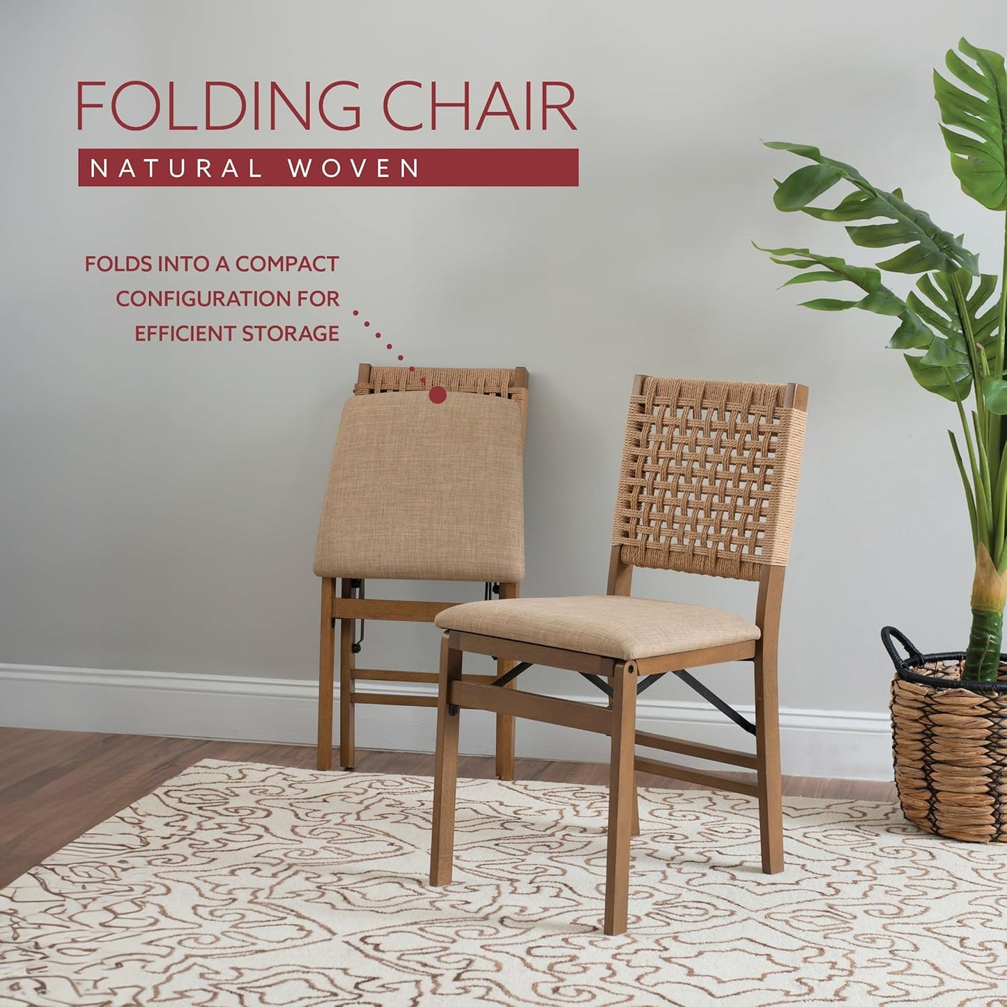 Linon Bennett Natural Folding Chair with Woven Rope Back and Linen Upholstered Seat Set of 2
