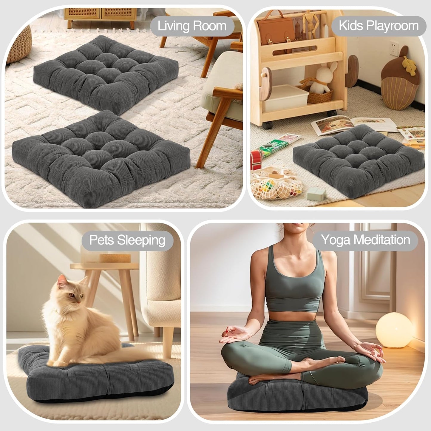 Floor Pillow Cushions for Adults Sitting Large Big Pillows for Floor Seating Square Memory Foam Thick Tufted, 22 x 22 Inch, Set of 2, Dark Grey