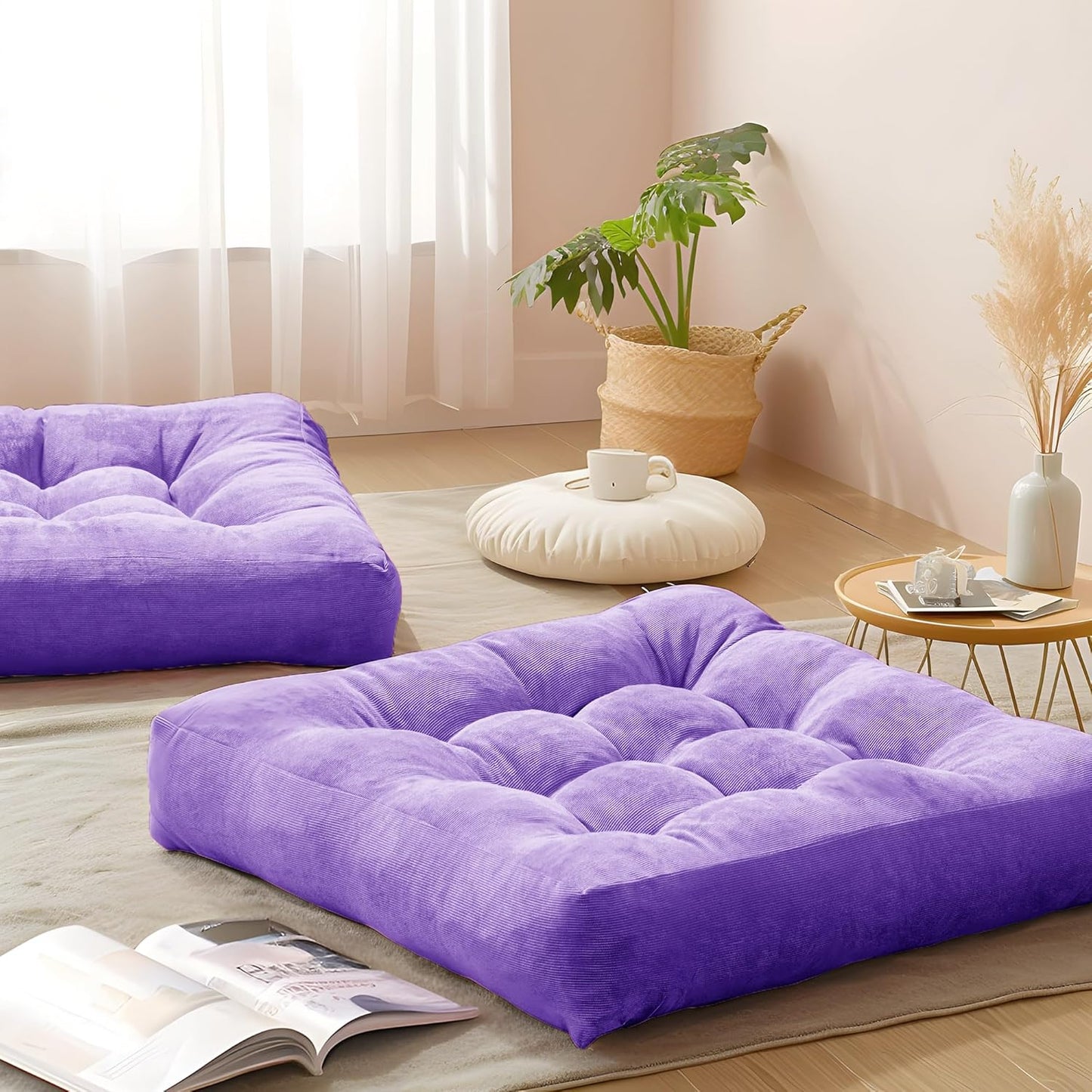 Floor Cushion Pillow Set of 2, Round Large Pillows Seating for Adults, Tufted Corduroy Cushions for Living Room Tatami, Orange Yellow, 22 Inch