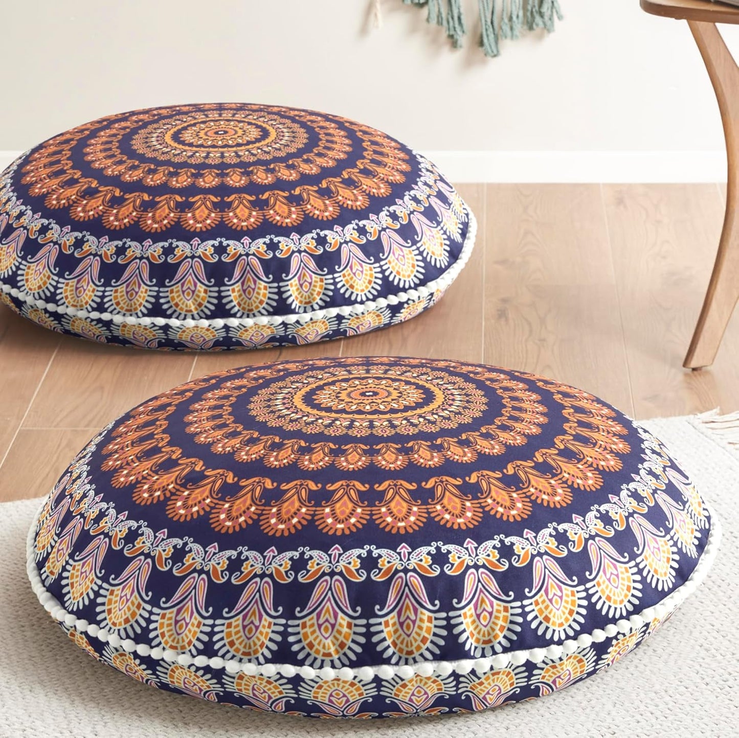 Codi Floor Pillows for Adults Set of 2, Large Boho Meditation Cushions with Memory Foam, Round Mandala Seating for Outdoor Yoga and Living Room, Washable, 32 Inch, Coral