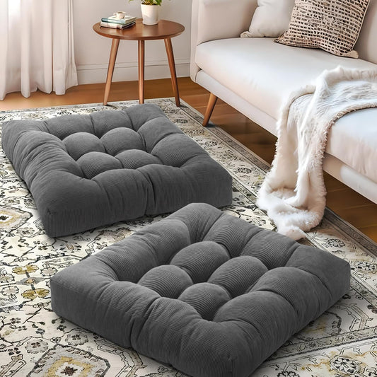 Floor Pillow Cushions for Adults Sitting Large Big Pillows for Floor Seating Square Memory Foam Thick Tufted, 22 x 22 Inch, Set of 2, Dark Grey