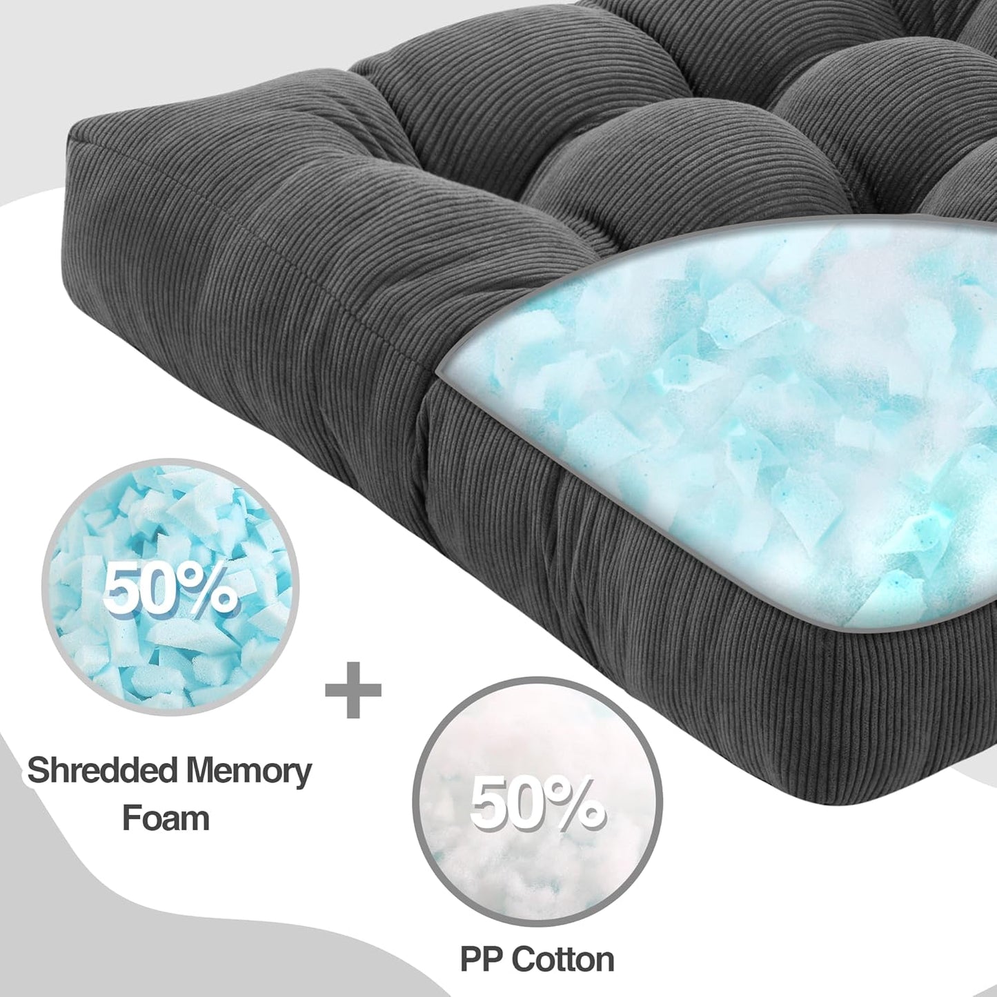 Floor Pillow Cushions for Adults Sitting Large Big Pillows for Floor Seating Square Memory Foam Thick Tufted, 22 x 22 Inch, Set of 2, Dark Grey