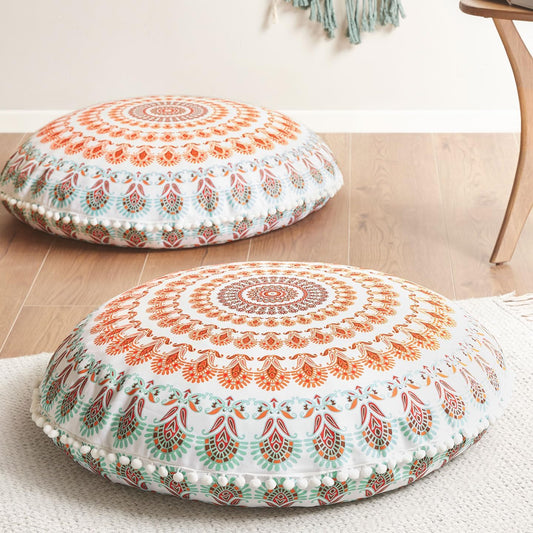 Codi Floor Pillows for Adults Set of 2, Large Boho Meditation Cushions with Memory Foam, Round Mandala Seating for Outdoor Yoga and Living Room, Washable, 32 Inch, Coral