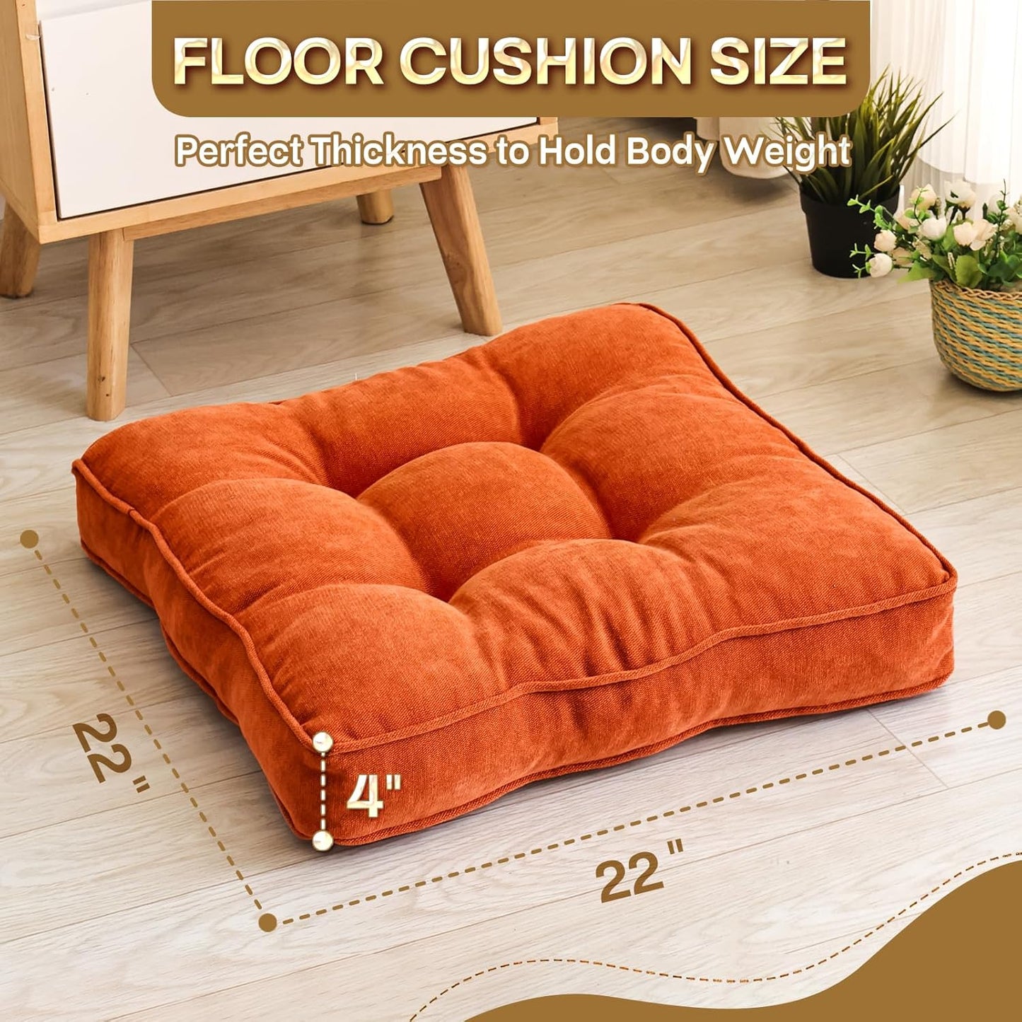 Floor Pillow Set of 2, Memory Foam Floor Cushions for Adults, Large Square Meditation Pillow for Sitting, 22 x 22 Inches (Square | Orange)
