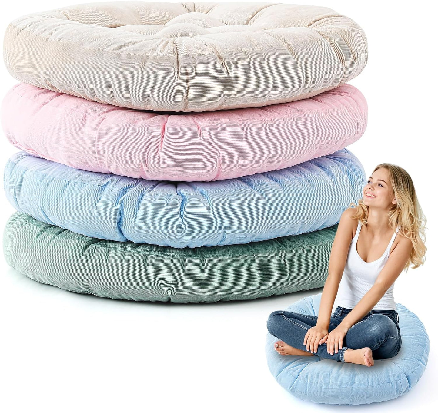 Jerify Floor Pillow Cushions 22 x 22 Inch Round Square Large Meditation Floor Pillow for Classroom Adult Meditation Picnic Party Cushion for Seating Gift Christmas(Round,Beige,4 Pcs)