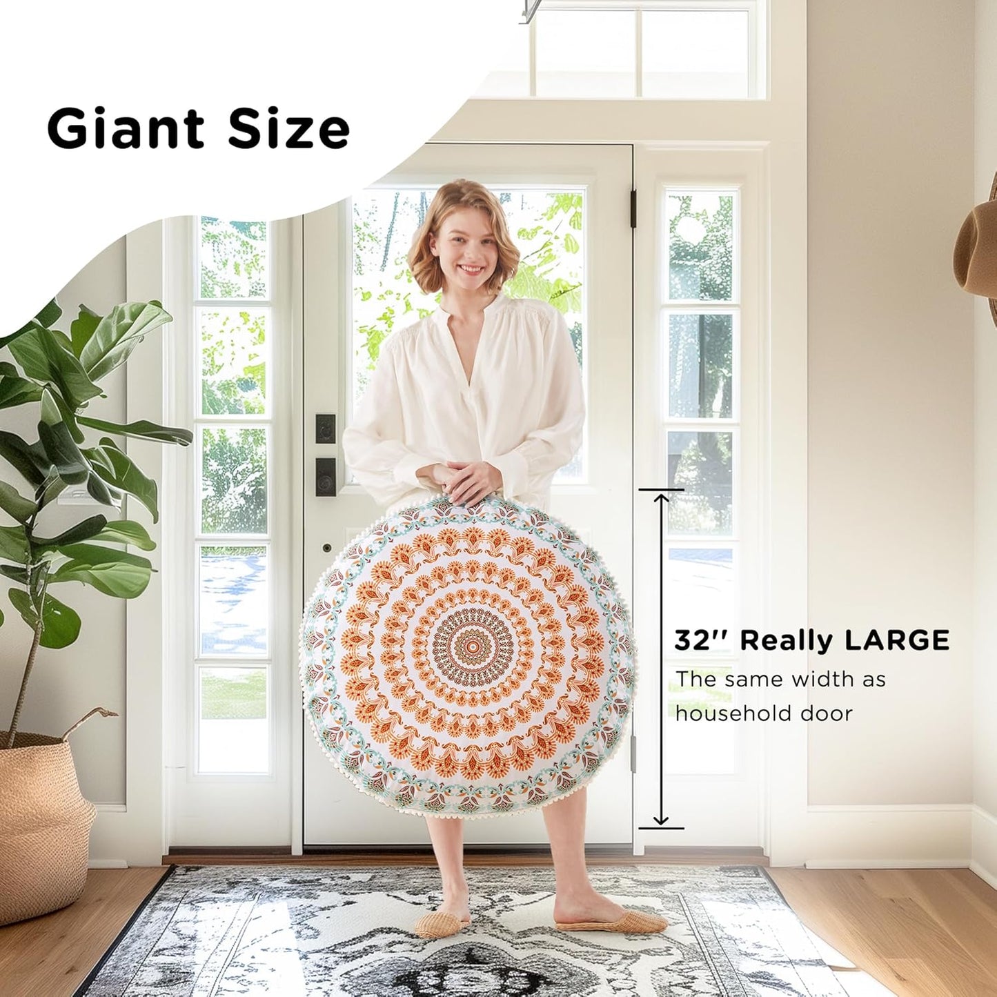 Codi Floor Pillows for Adults Set of 2, Large Boho Meditation Cushions with Memory Foam, Round Mandala Seating for Outdoor Yoga and Living Room, Washable, 32 Inch, Coral