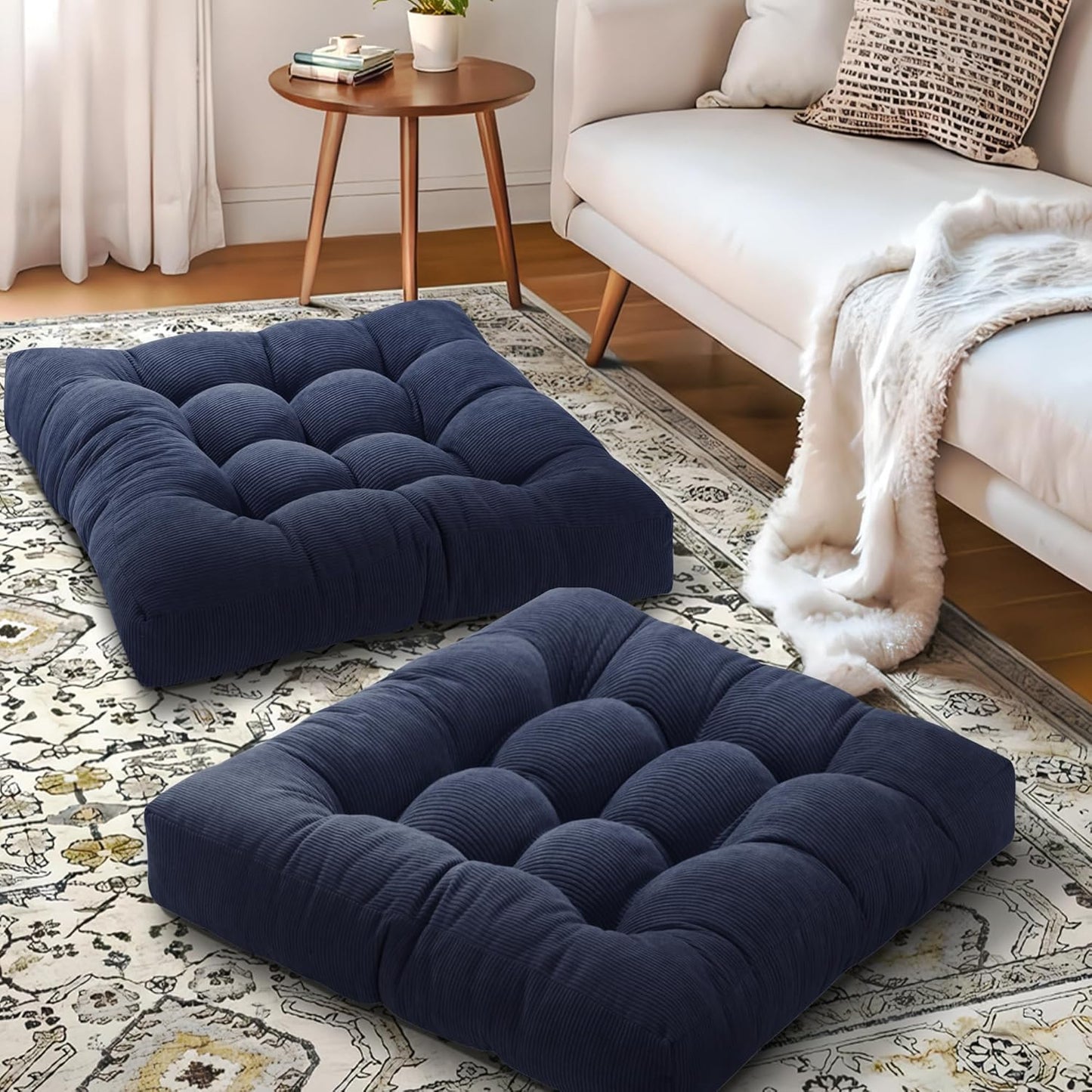 Floor Pillow Cushions for Adults Sitting Large Big Pillows for Floor Seating Square Memory Foam Thick Tufted, 22 x 22 Inch, Set of 2, Dark Grey