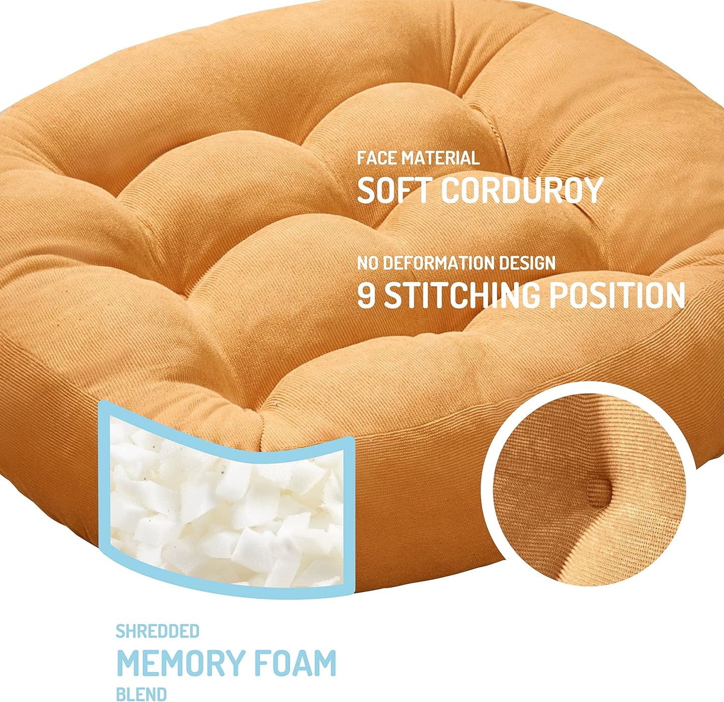 Floor Cushion Pillow Set of 2, Round Large Pillows Seating for Adults, Tufted Corduroy Cushions for Living Room Tatami, Orange Yellow, 22 Inch