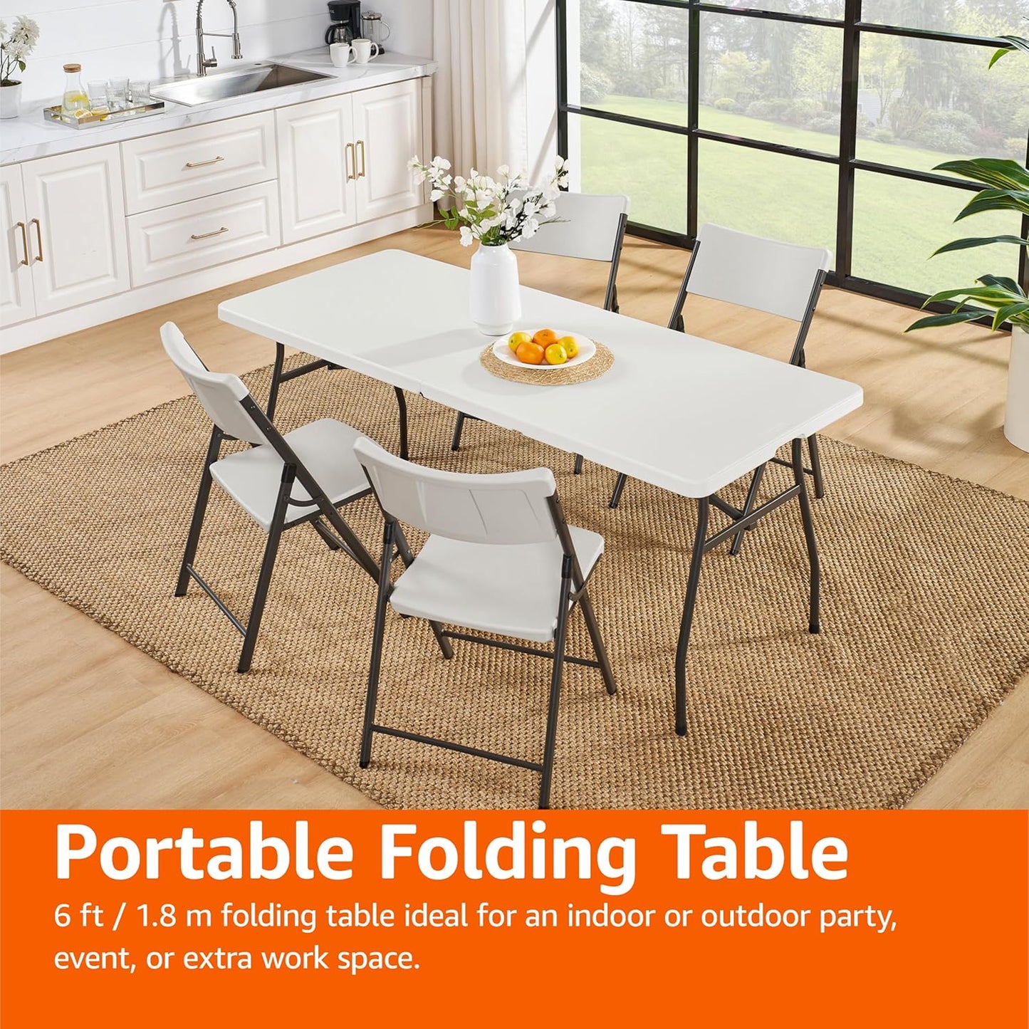 Amazon Basics Heavy Duty Portable Folding Table 6 ft with Carrying Handle, Indoor & Outdoor, White