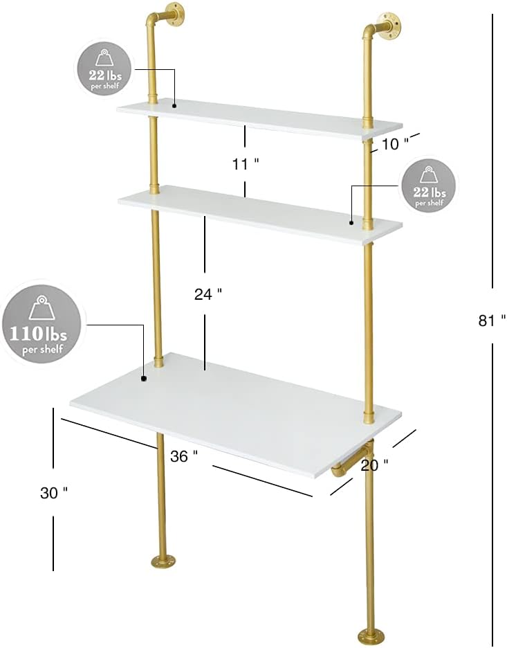 MAIKAILUN White and Gold Desk, 36" Ladder Desk, Wall Mount Computer Writing Table Pipe Shelf Shelving Mini Narrow Industrial Modern for Small Spaces(36x20x81)
