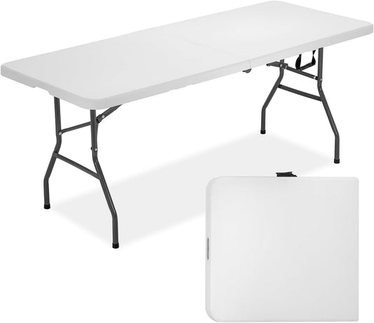 FDW 6 Foot Outdoor Dining Table, Foldable Portable Rectangular Plastic Folding Table with Built in Carrying Handle for Party and Wedding Use, White