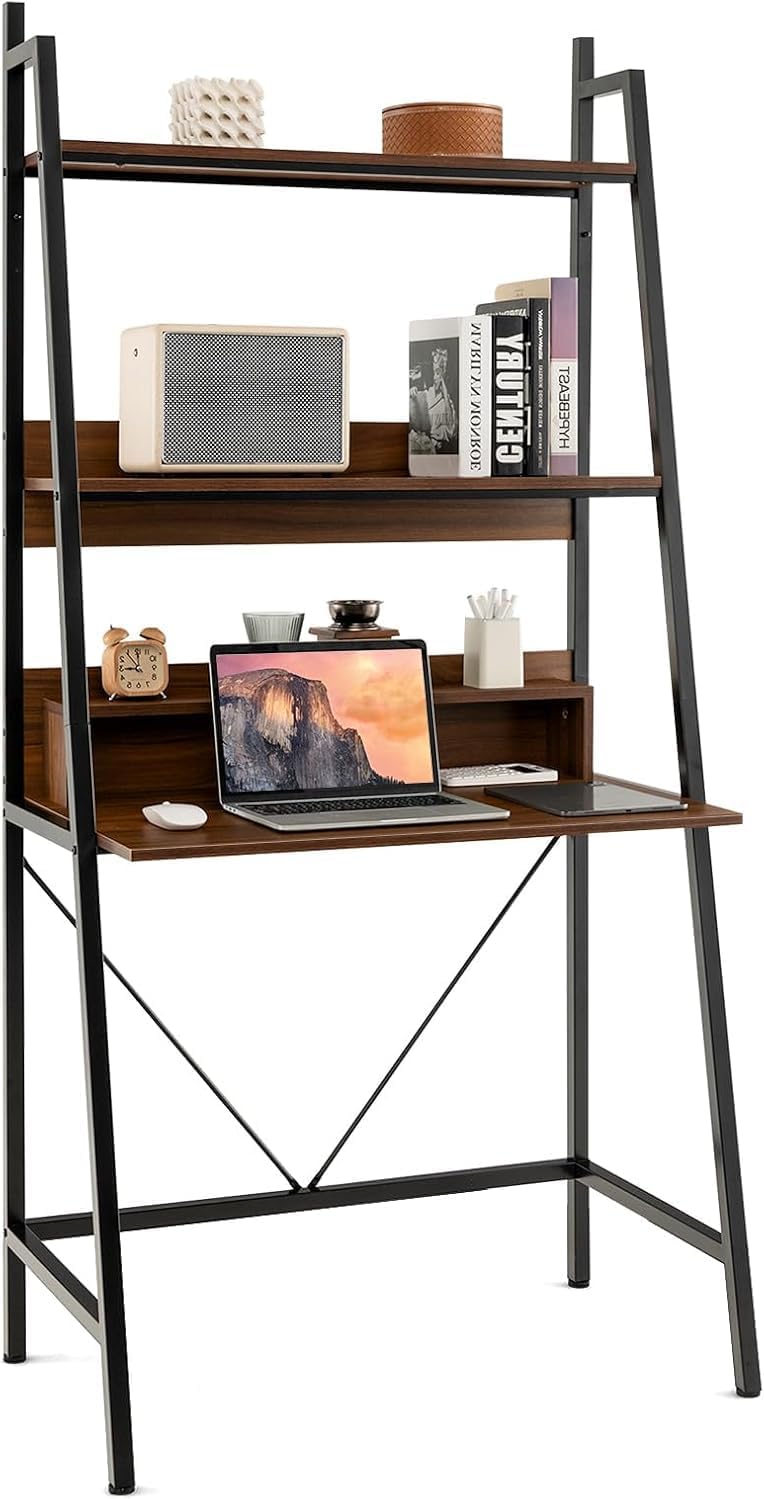 HOMGX 3-Tier Ladder Shelf Computer Desk, Rectangular Storage Rack with Open Shelves, Independent Laptop Desk for Living Room, Bedroom, Office, Study Room