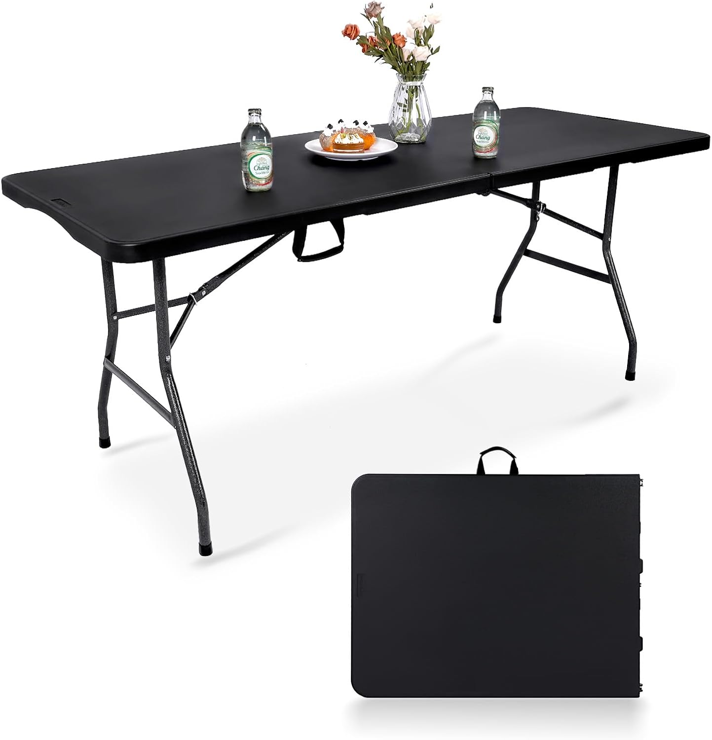 Folding Table 6FT HDPE 6 Foot Foldable Table Portable Banquet Surface Fold-in-Half Desk Utility for Working Meeting Parties, Picnic, Camping, Weddings, Catering, Garden Dining-White
