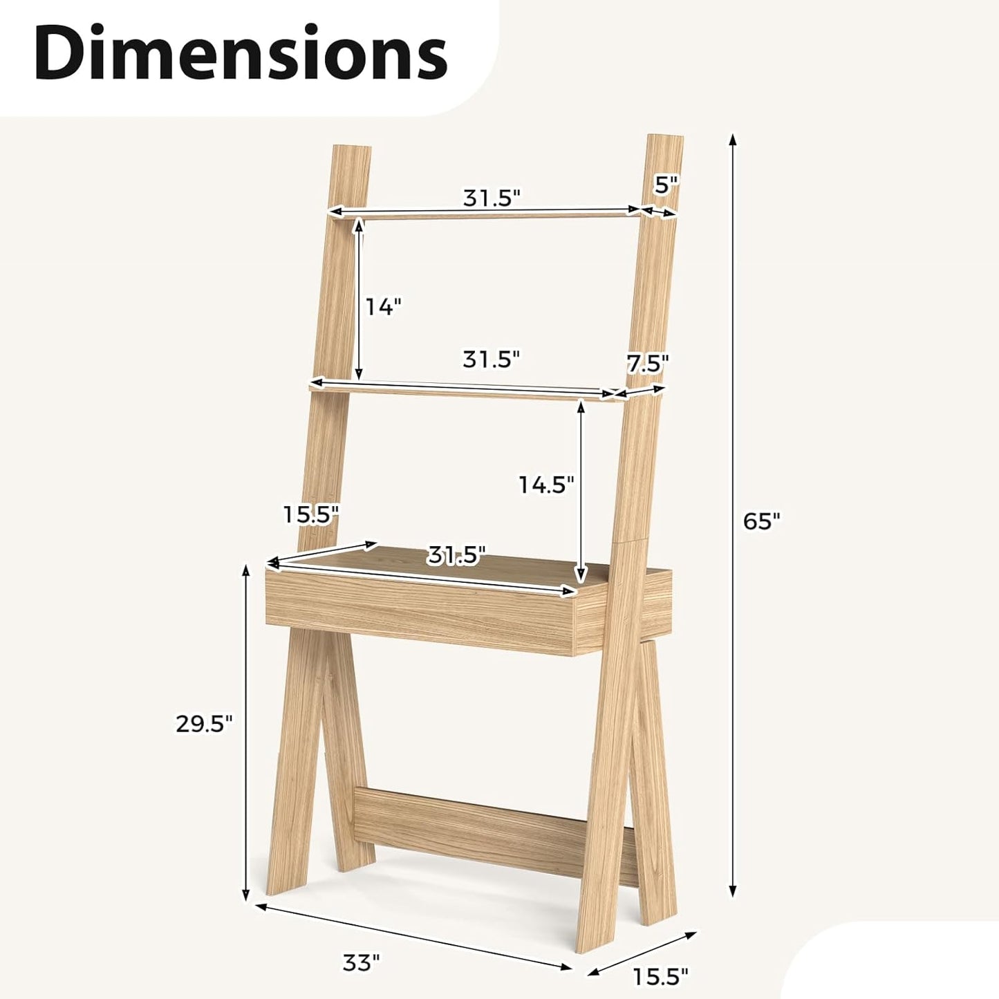 Giantex 3 Tier Ladder Desk with Drawer, 33" Width Ladder Shelf with Anti-Tipping Device, Freestanding Bookshelf, Natural Leaning Computer Desk with Shelves for Small Space